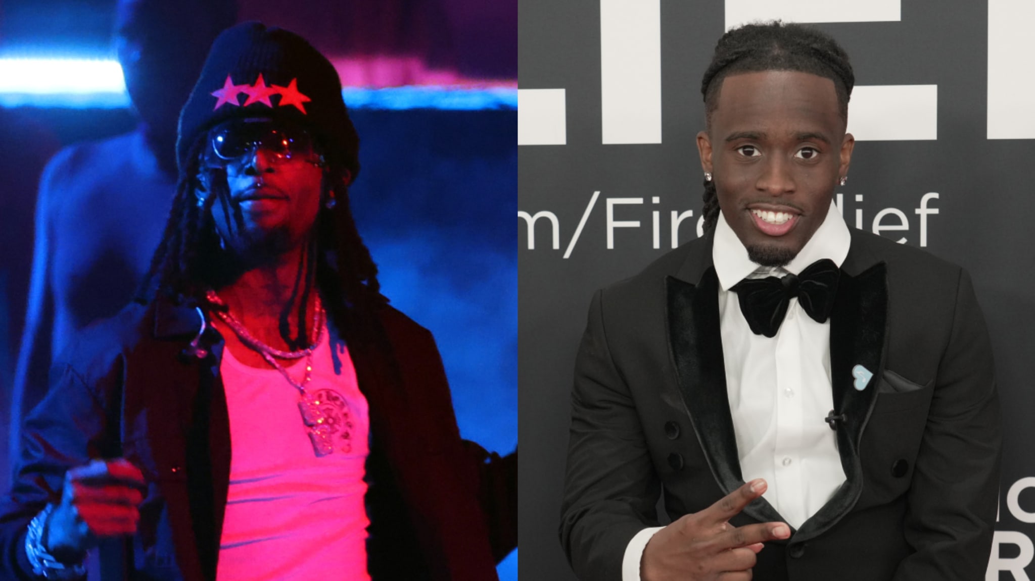 Two images side by side: Left shows Playboi Carti performing in sunglasses and a hat; right shows Kai Cenat in a tuxedo smiling at the 2025 Grammys red carpet.