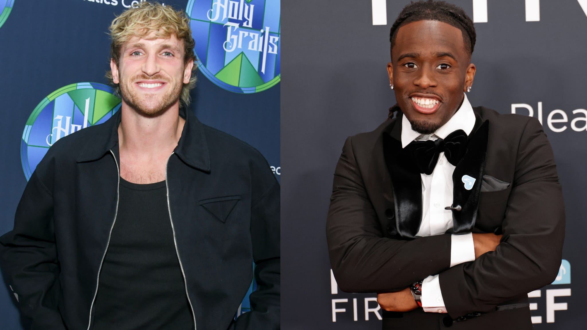 Logan Paul and Kai Cenat smiling at separate events. Logan in a black jacket; Kai in a tuxedo with a bow tie.