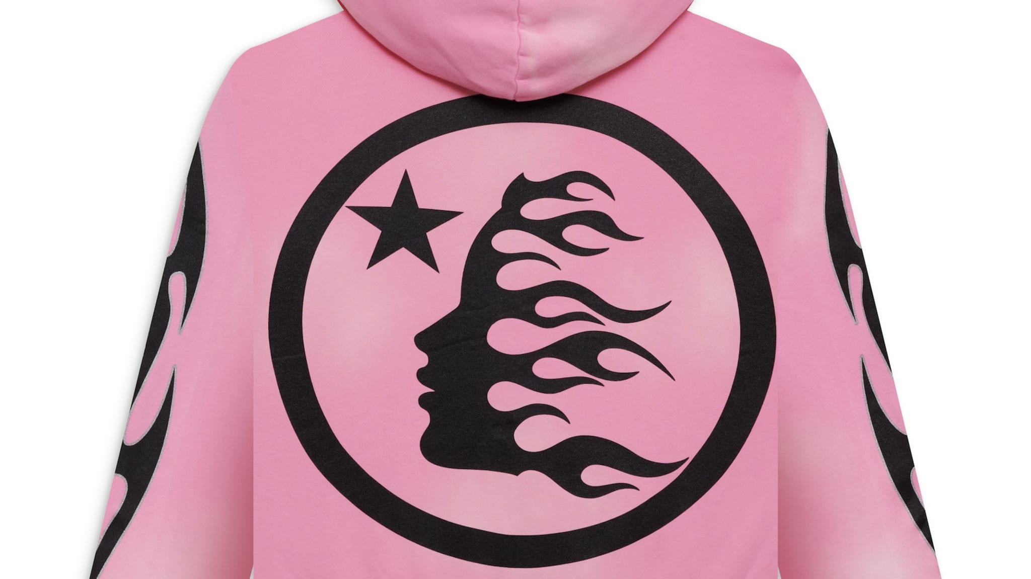 Pink Hellstar hoodie with a black graphic of a stylized face with flowing hair and a star within a circle on the back.