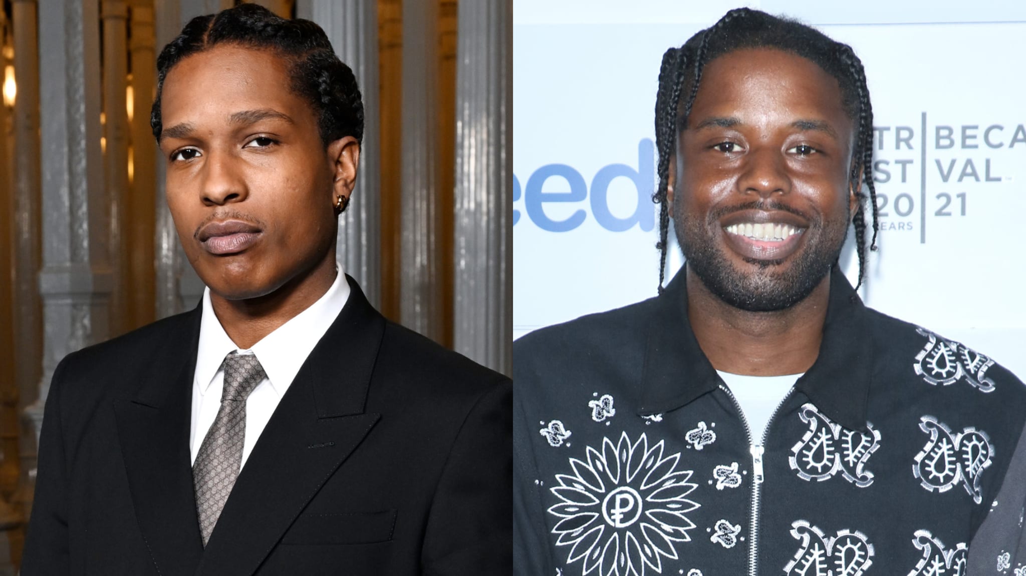 A split image of two men. The left shows a man in a black suit and tie, while the right shows a man in a patterned jacket, smiling.