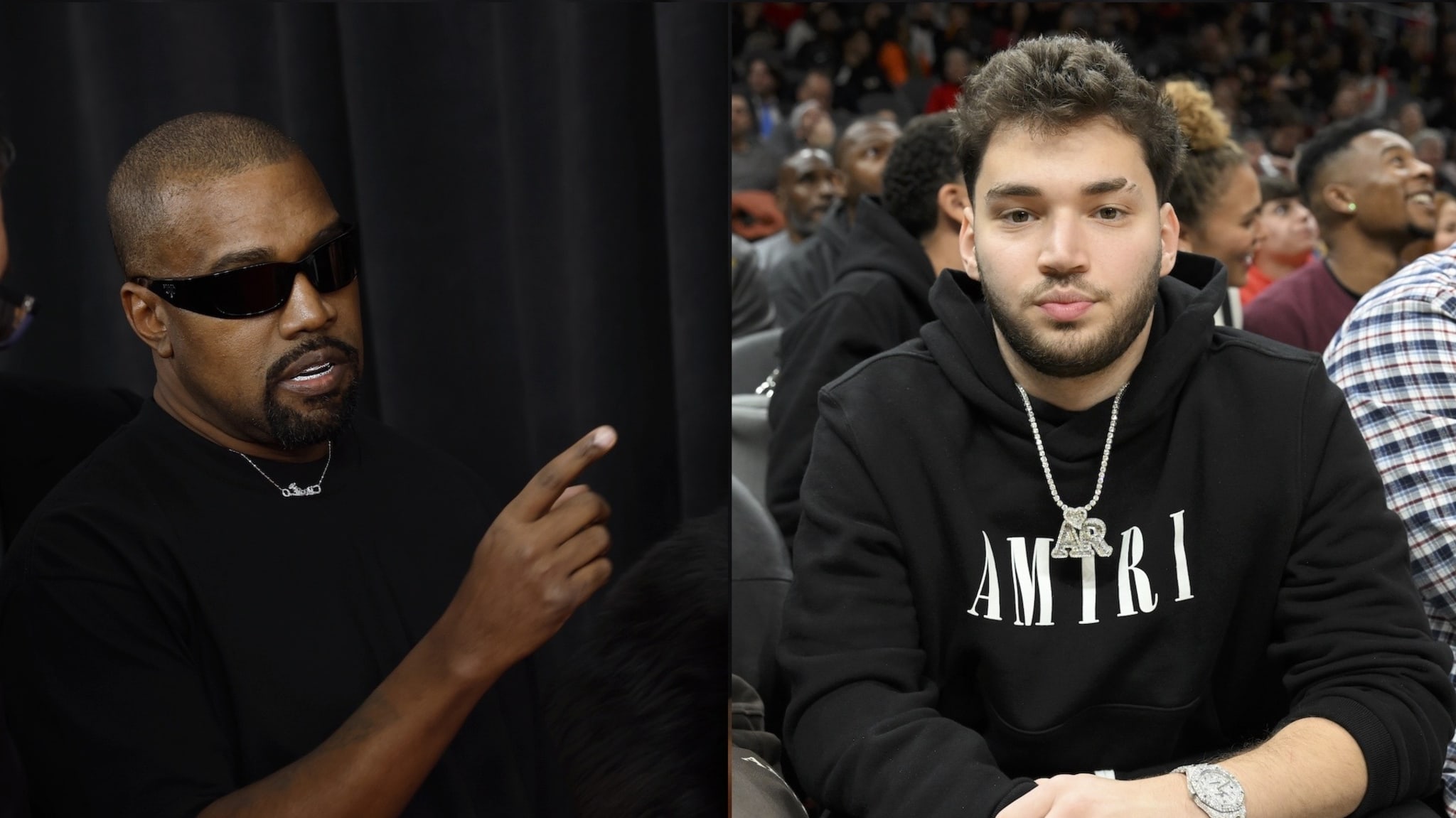 Kanye West wearing sunglasses, gesturing with his hand. Adin Ross in a black hoodie with "AMIRI," sitting at an event.