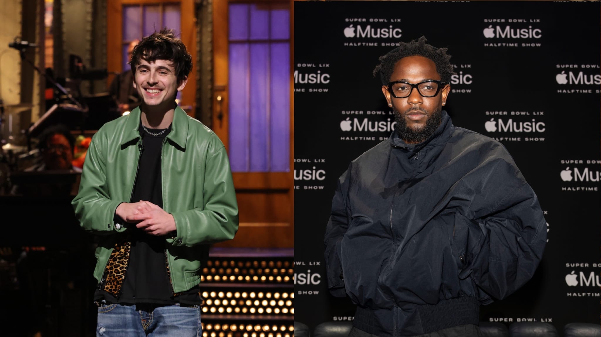 Two images: Left shows a man in a green jacket on a stage. Right shows a man in a dark jacket at an Apple Music event backdrop.