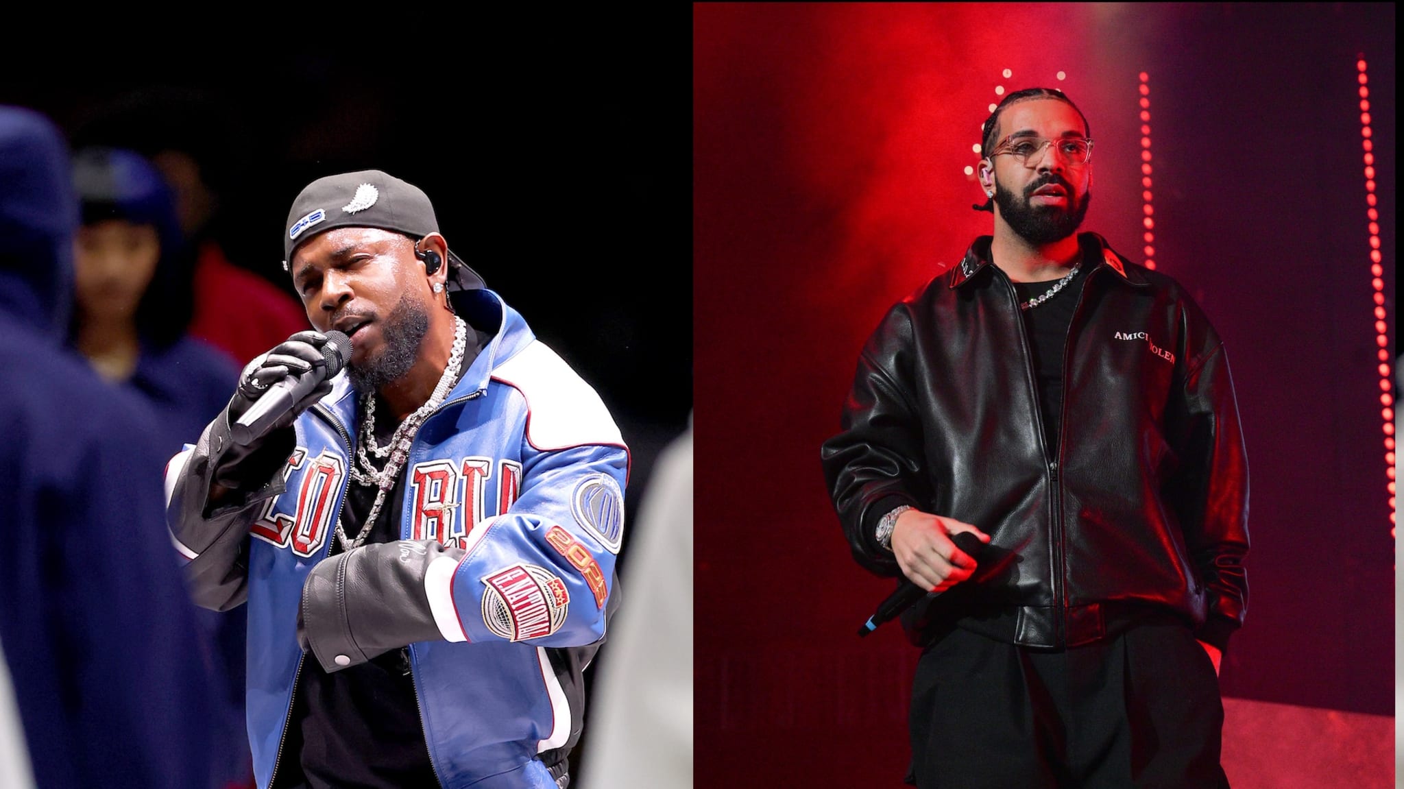 Two performers on stage: Left, a man in a blue jacket singing; right, a man in a black jacket with a microphone, red-lit background.