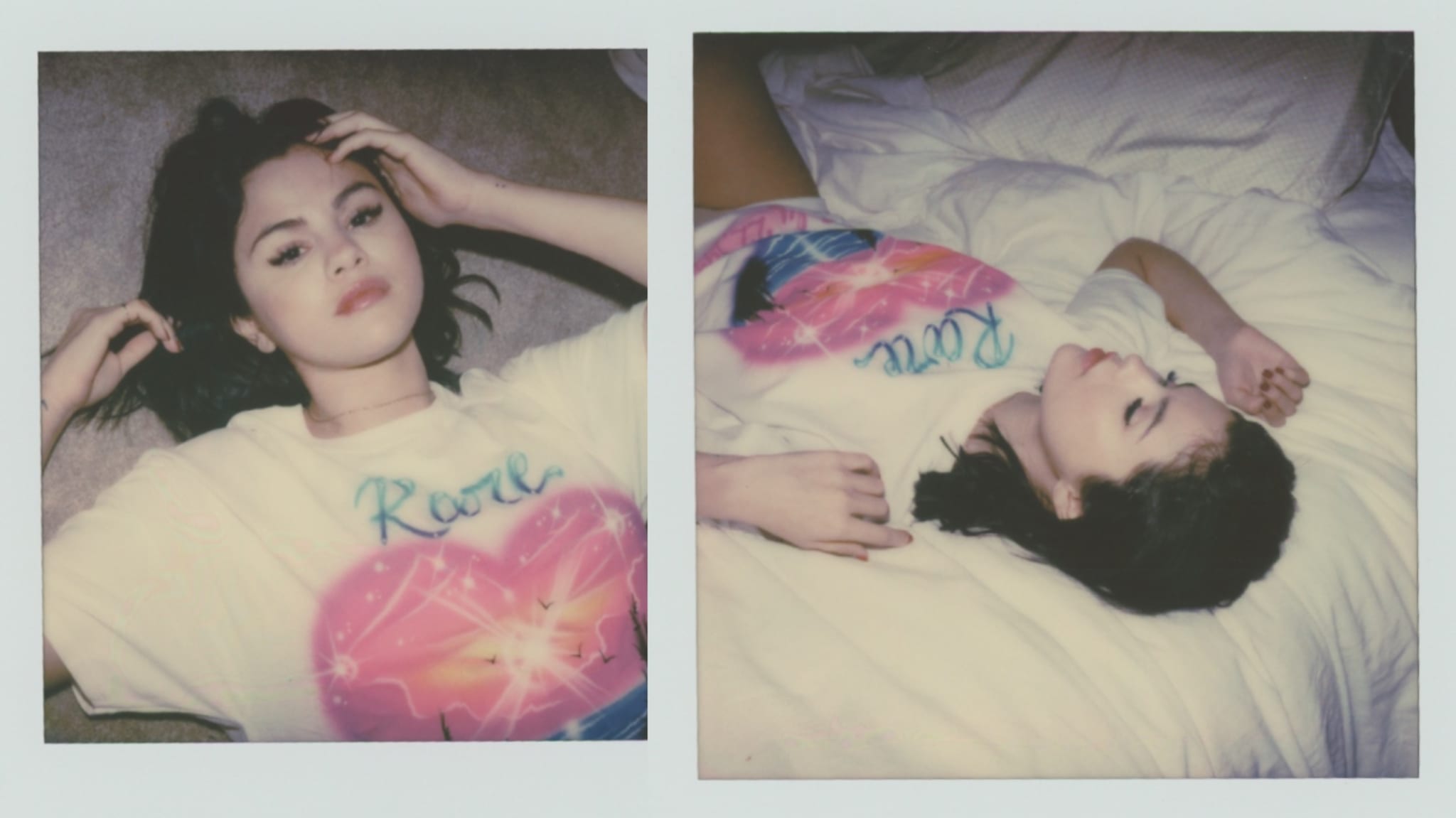 Selena Gomez lying down in two Polaroid-style photos, wearing a white shirt with "Rare" and a colorful heart design.