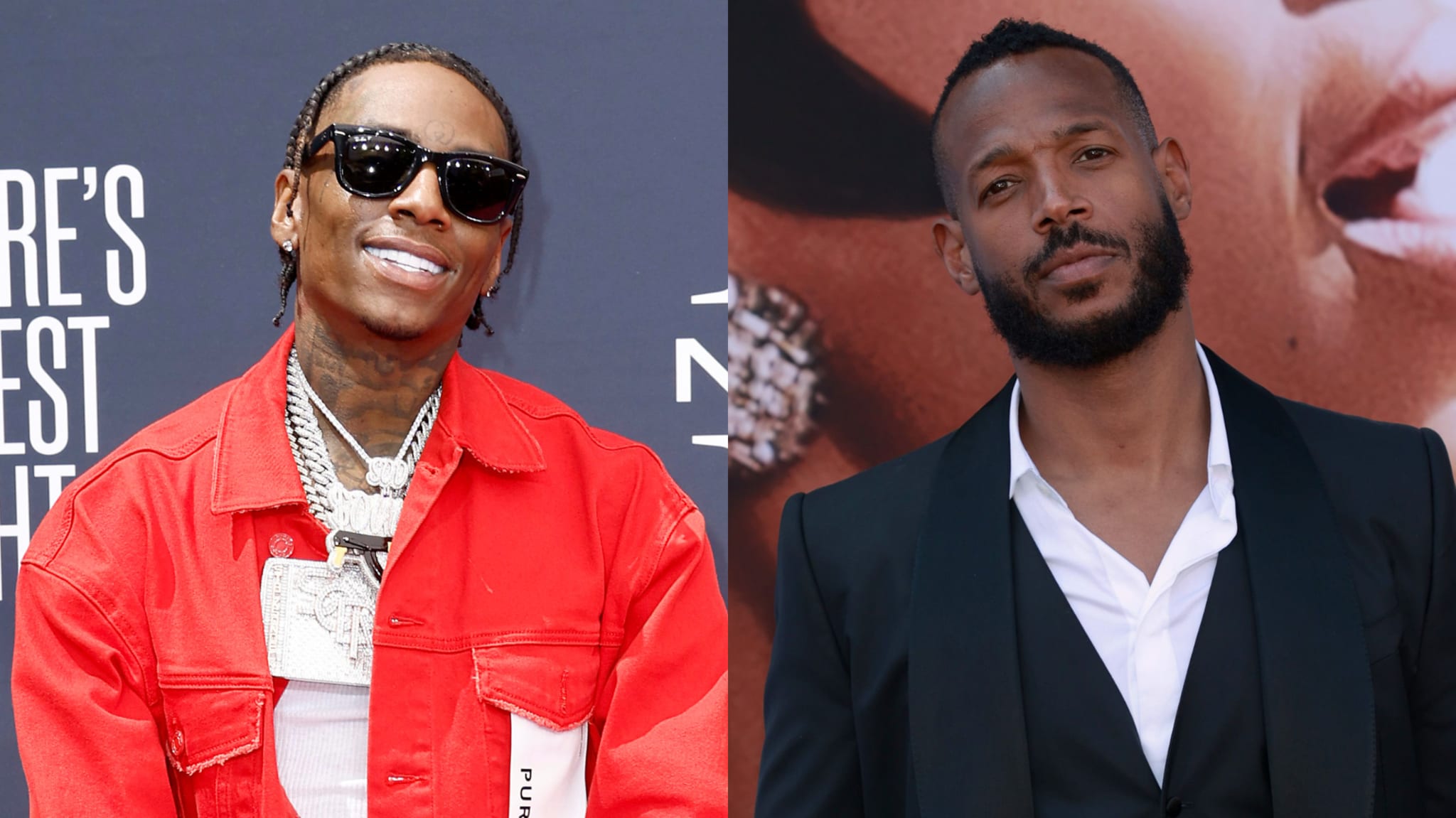 Two images side by side: Soulja Boy in a red jacket with sunglasses, and Marlon Wayans in a suit, both posing at events.