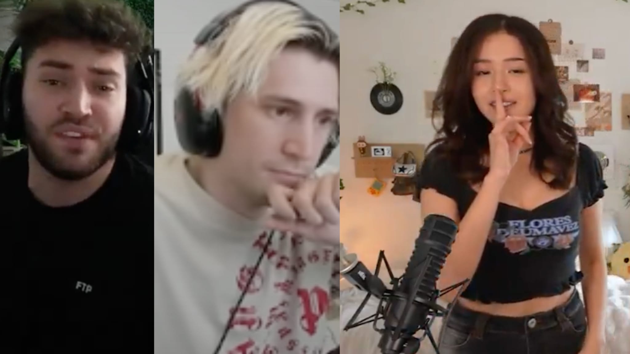Three people in a collage: a man with headphones on the left, another man with blond hair and headphones in the center, and a woman gesturing "shh" on the right.
