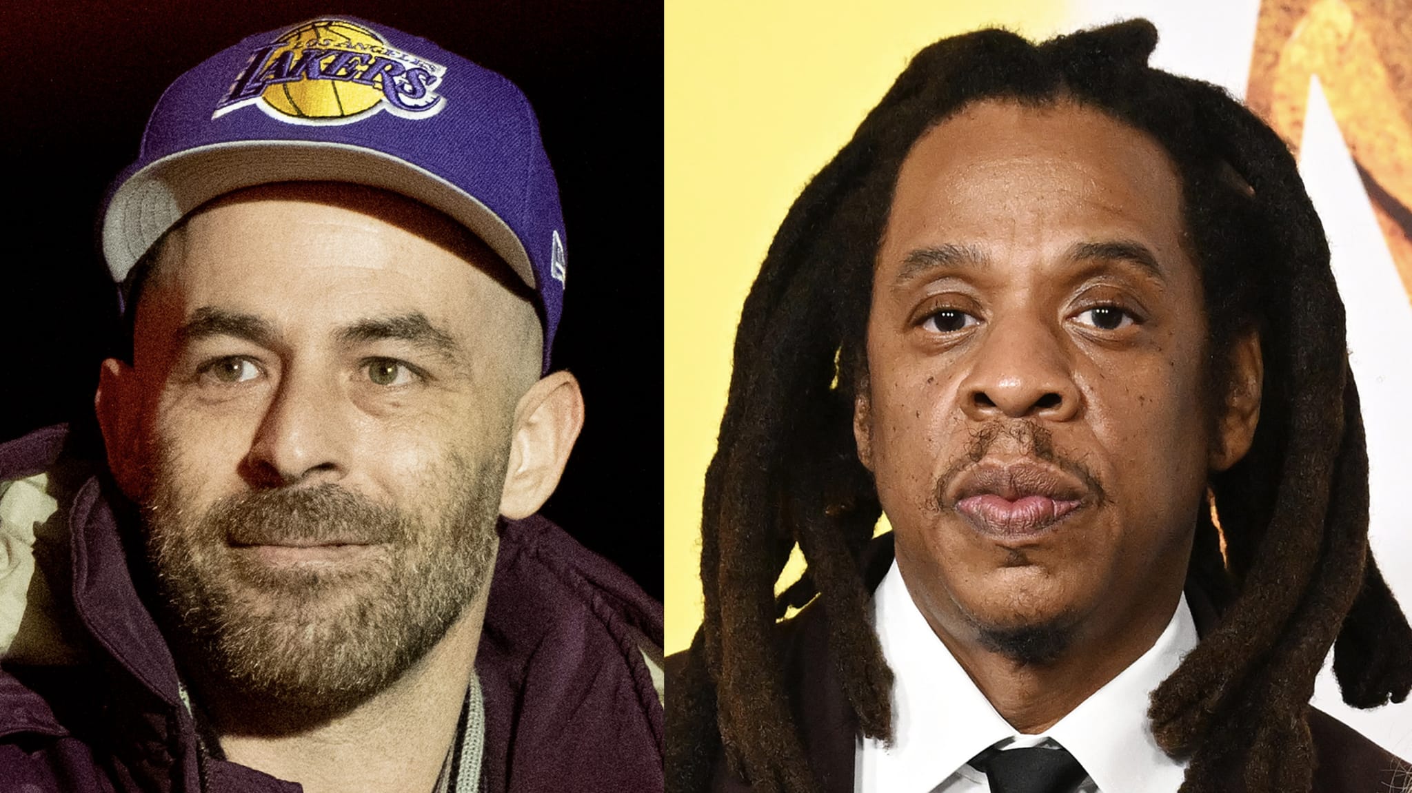 (L) Alchemist wearing a Lakers cap. (R) Jay-Z wearing a suit and tie.