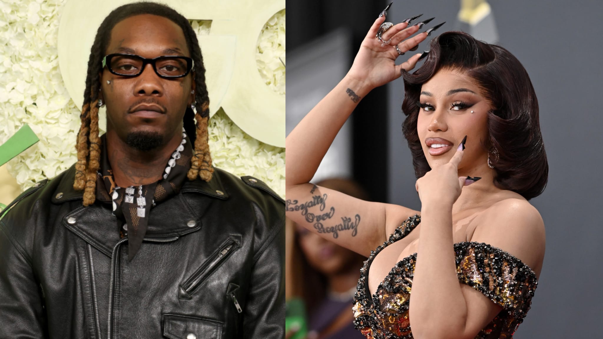 Offset in a leather jacket with glasses; Cardi B in a sequined dress with dramatic nails, posing confidently.