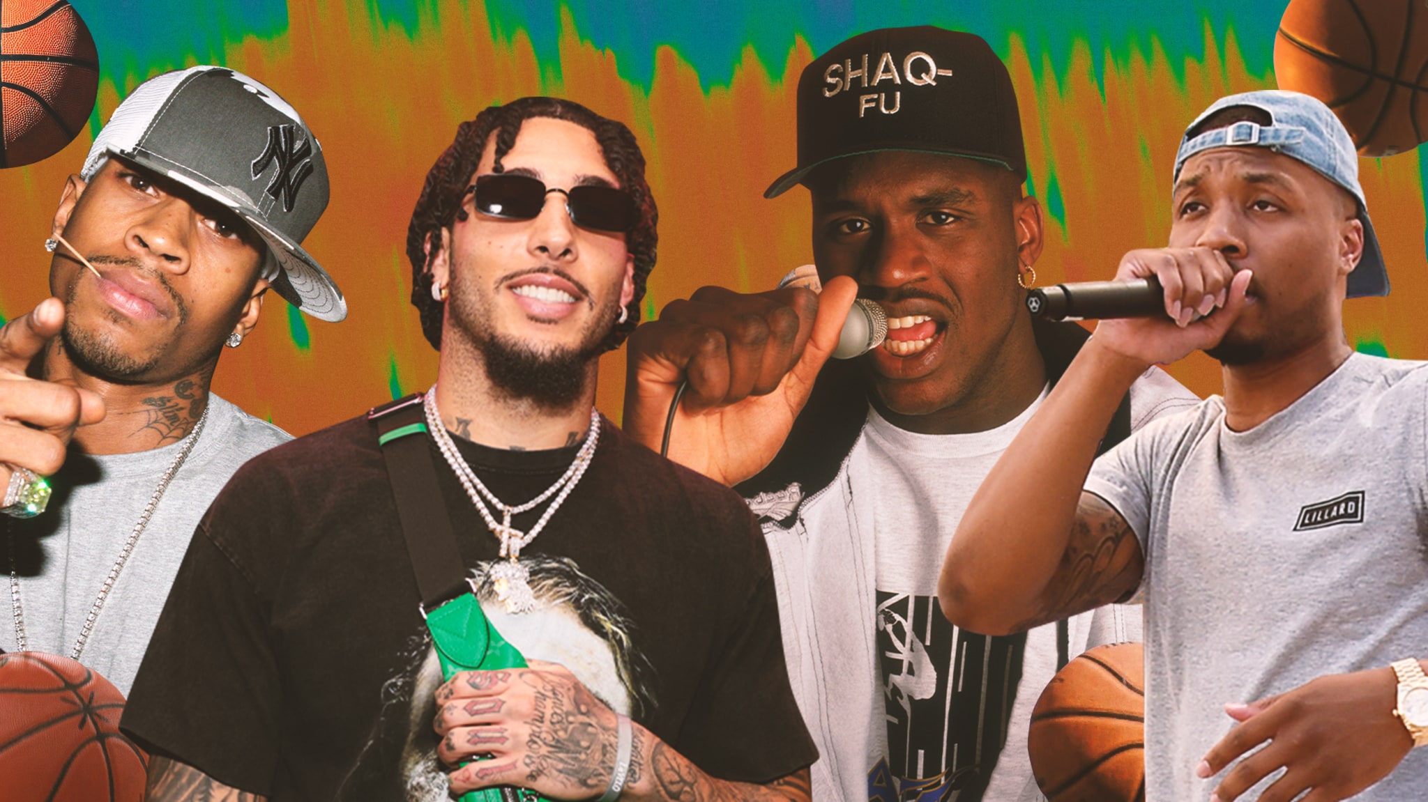Allen Iverson, LiAngelo Ball, Shaquille O'Neal, and Damian Lillard in front of a colorful background with basketballs.