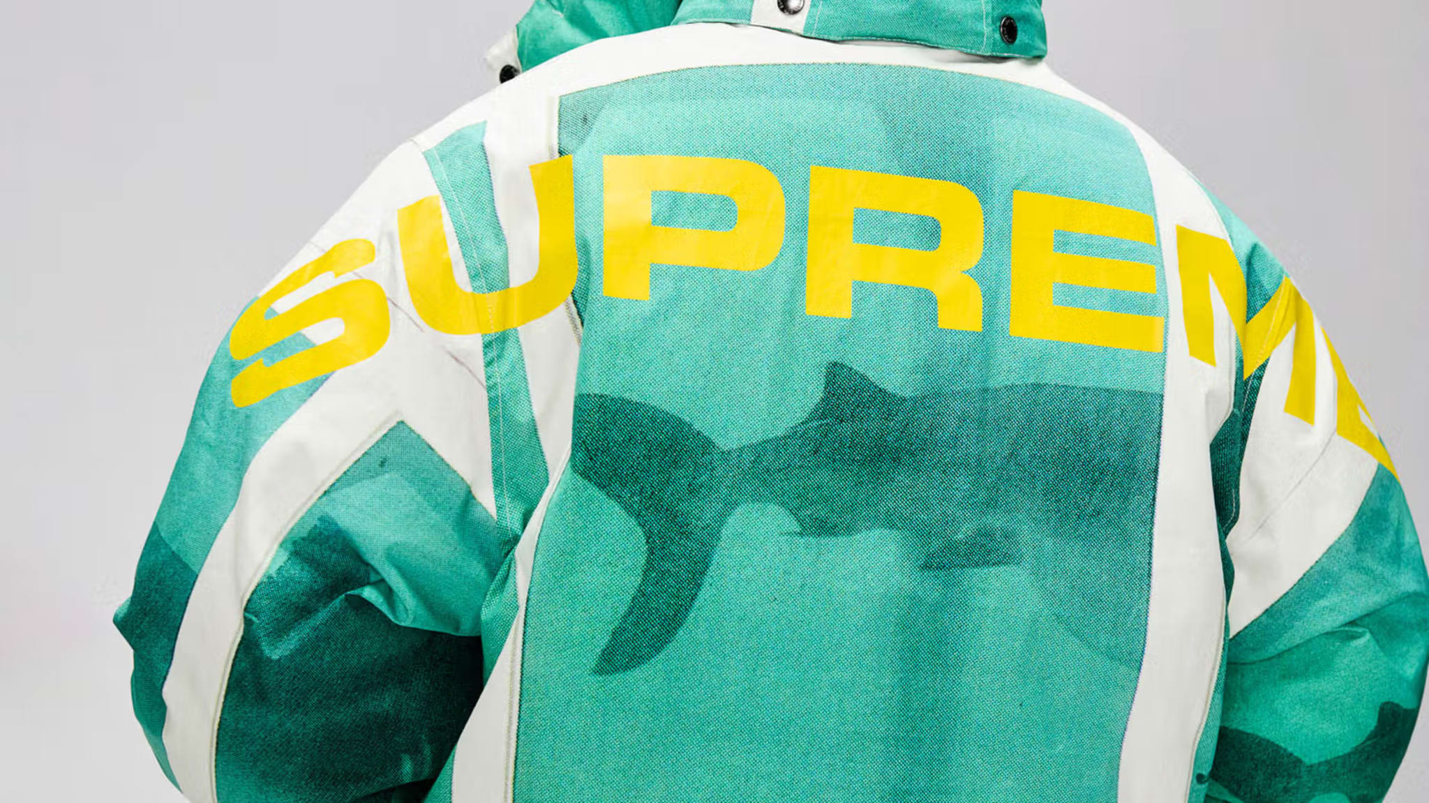 Back of a jacket with "SUPREME" in yellow and a shark silhouette on a green and white background.