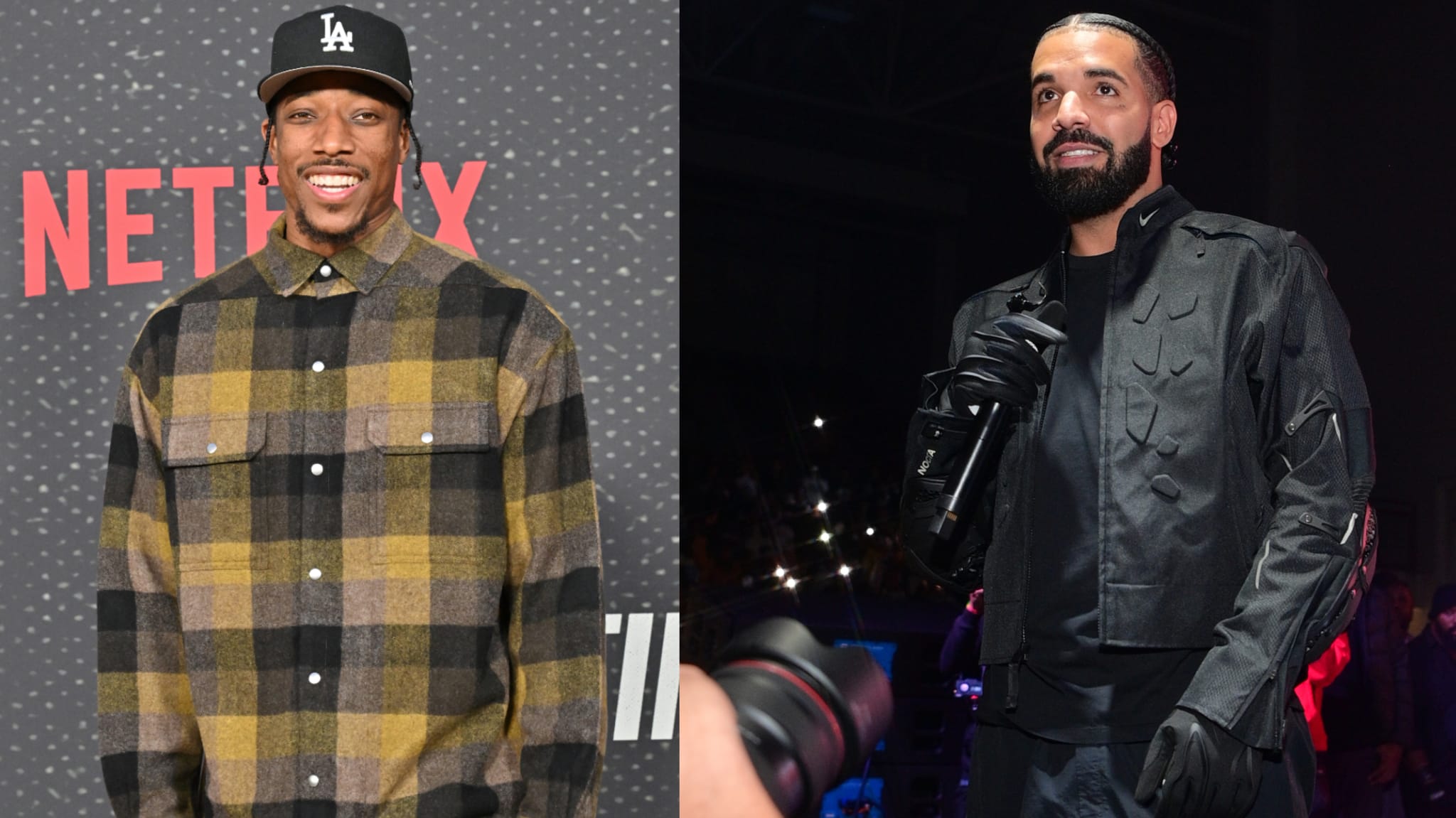 Demar Derozan in a plaid shirt and cap on the left; Drake in a black outfit with gloves on the right.