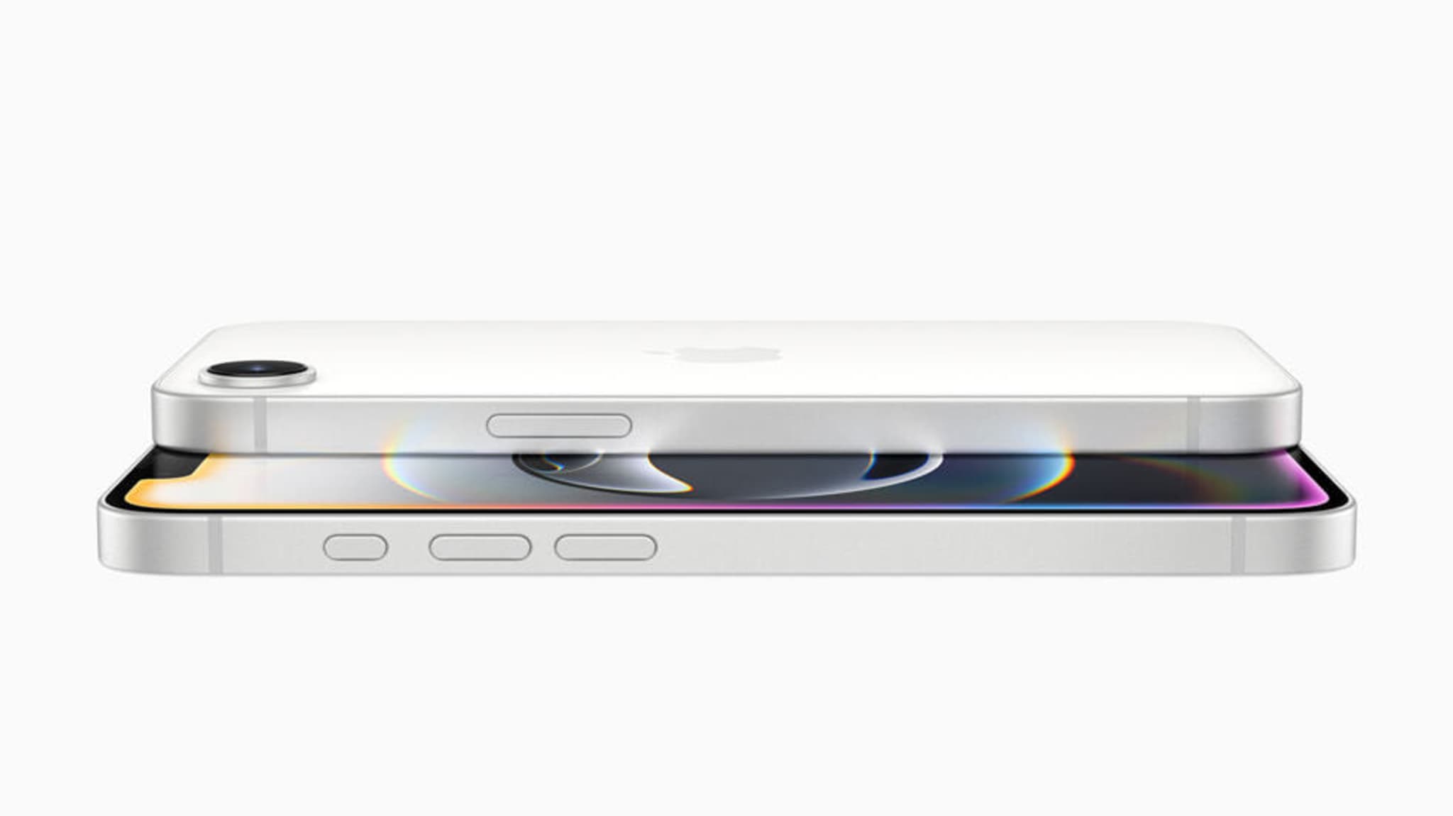 Two stacked iPhones, one face-up and one face-down, showing a sleek design with a white finish and a single rear camera.