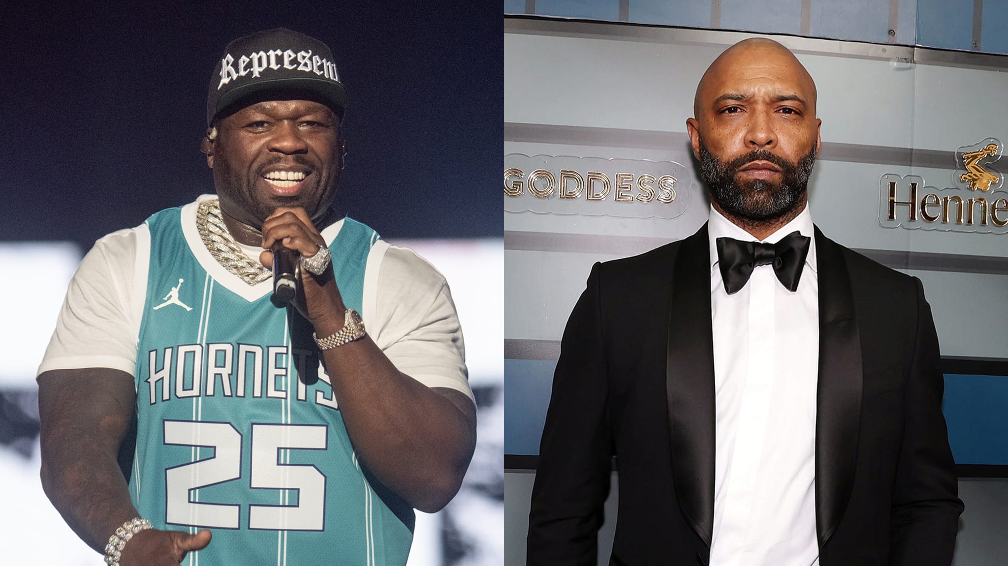 50 Cent performing onstage alongside a photo of Joe Budden attending the Brooklyn Chophouse Grand Opening.
