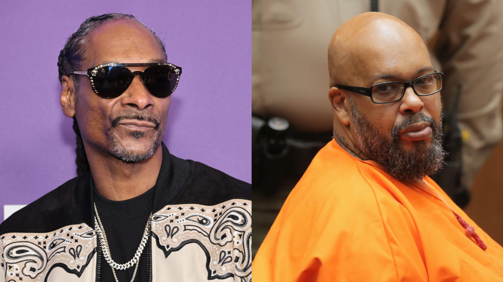 Snoop Dogg in sunglasses with a patterned jacket, next to Suge Knight in an orange prison jumpsuit.