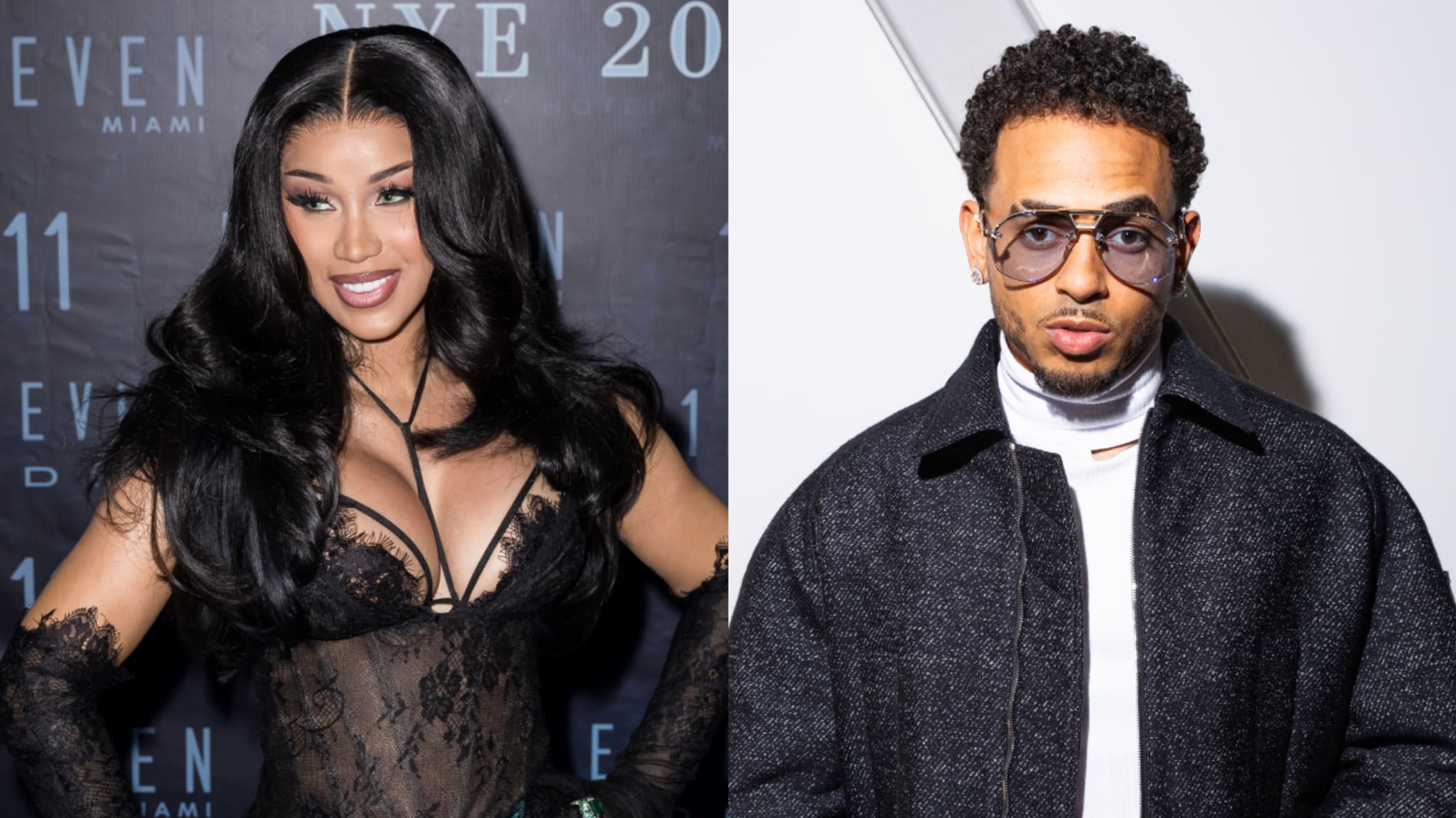Cardi B in a black lace outfit with long hair, smiling at an event. Ozuna wearing sunglasses and a dark jacket, posing for a photo.