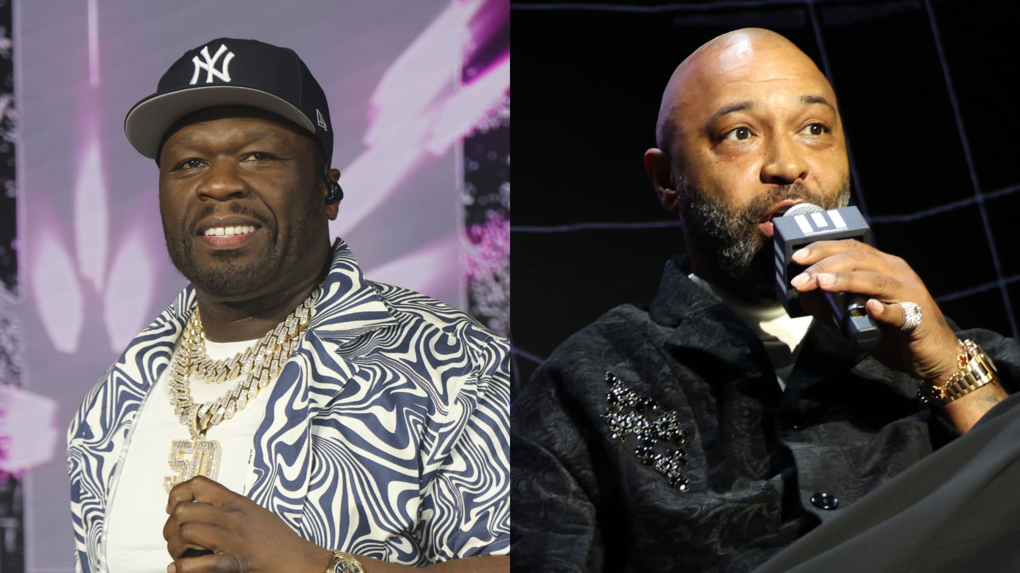 50 Cent wearing a New York Yankees cap and patterned shirt, and another man speaking into a microphone, both in separate images.