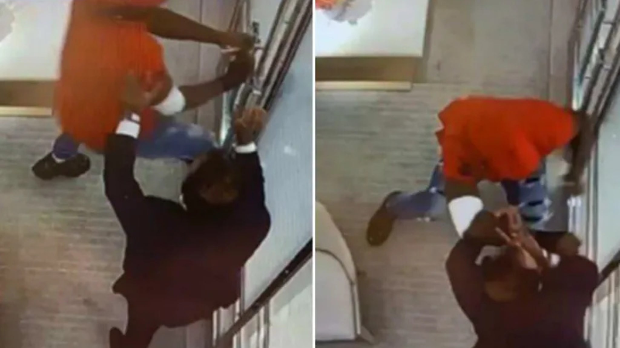 Two images show a security camera view of an altercation between two people. One is wearing a red shirt and jeans, the other in dark clothing.