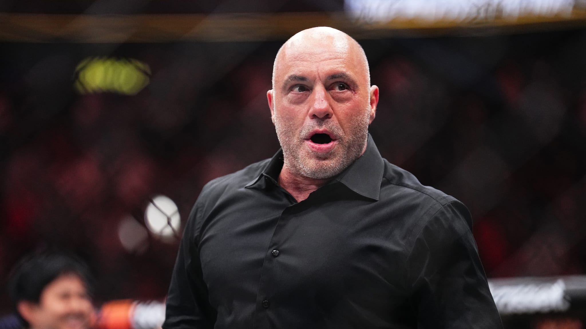 LAS VEGAS, NEVADA - APRIL 13: Joe Rogan reacts to the knockout win by Max Holloway in the BMF championship fight during the UFC 300 event at T-Mobile Arena on April 13, 2024 in Las Vegas, Nevada.