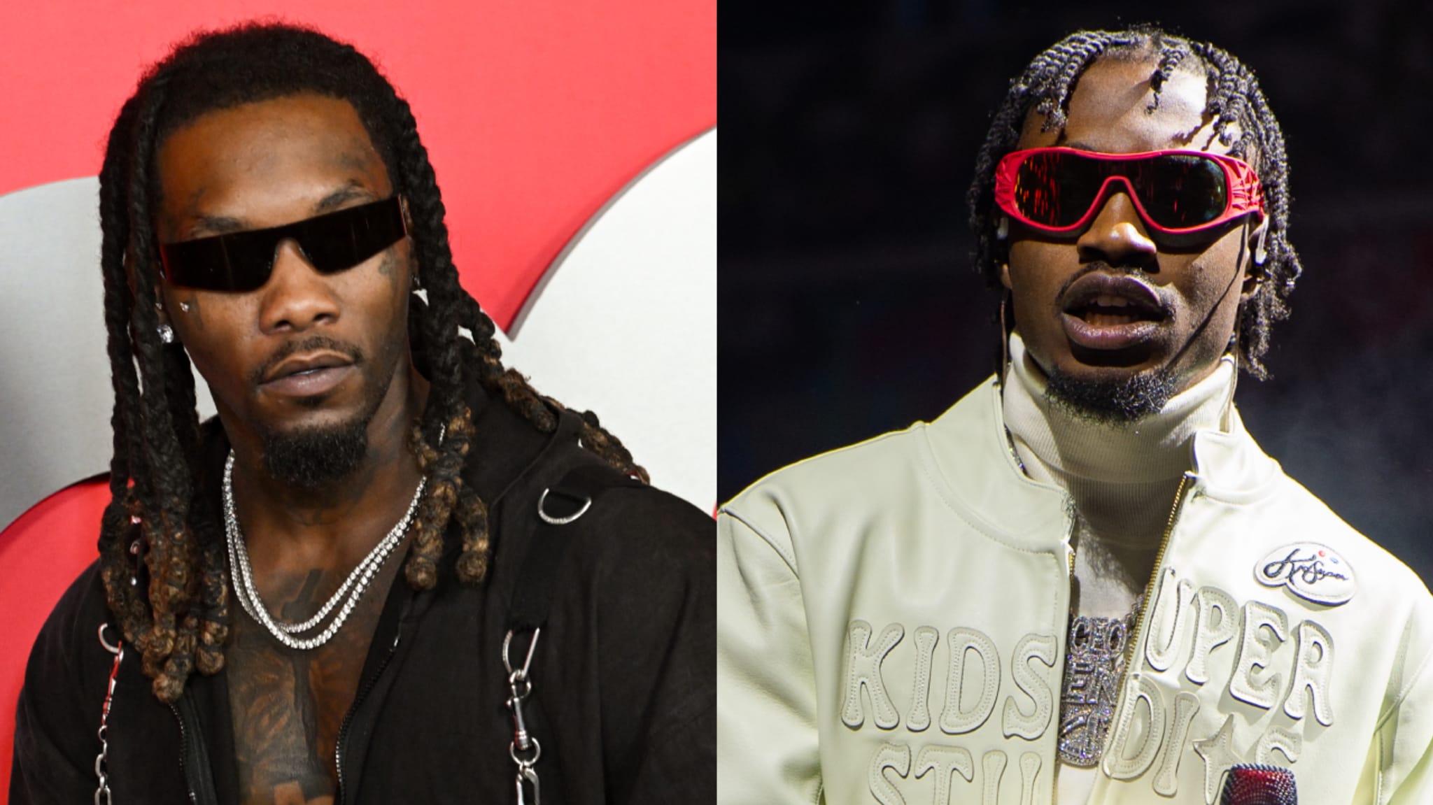 Split image. Left: Offset with dreadlocks, sunglasses and a black jacket. Right: Lil Tjay with braids, red sunglasses, and a white jacket.