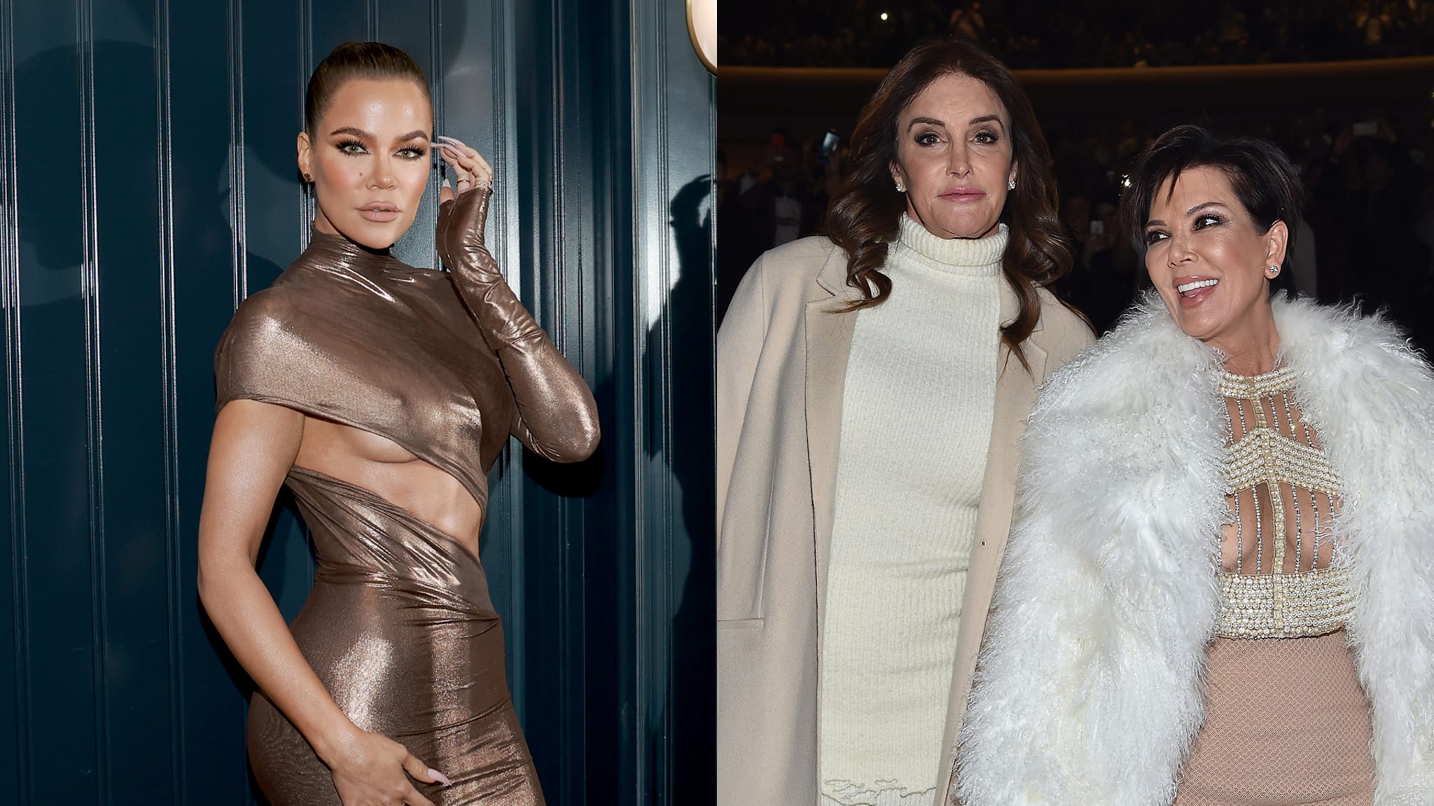 Khloé Kardashian in a metallic dress, Caitlyn Jenner in a cream outfit, and Kris Jenner in a white fur coat, all smiling.