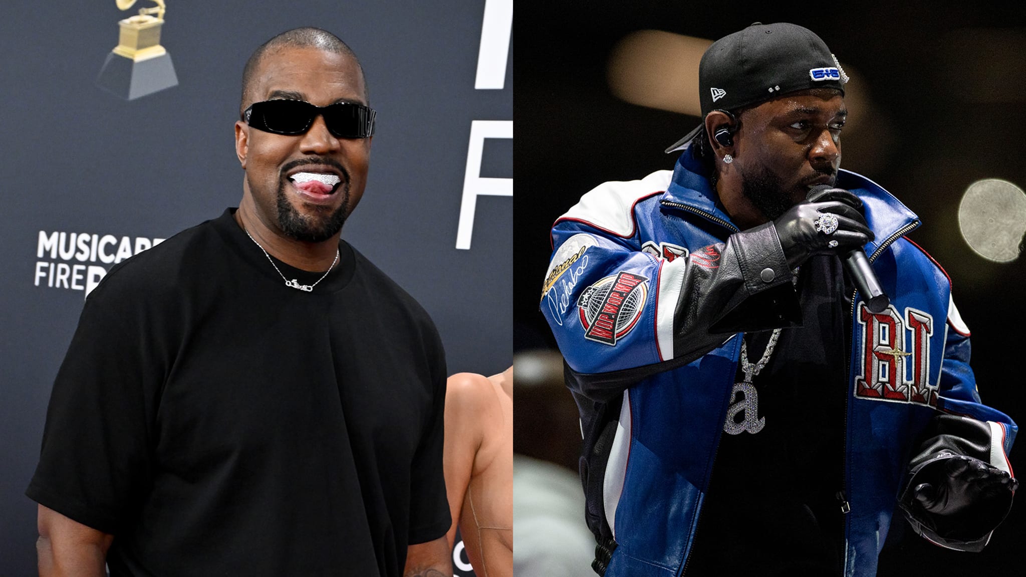 Kanye West in sunglasses and a black shirt on the left, and Kendrick Lamar performing in a blue jacket with a microphone on the right.