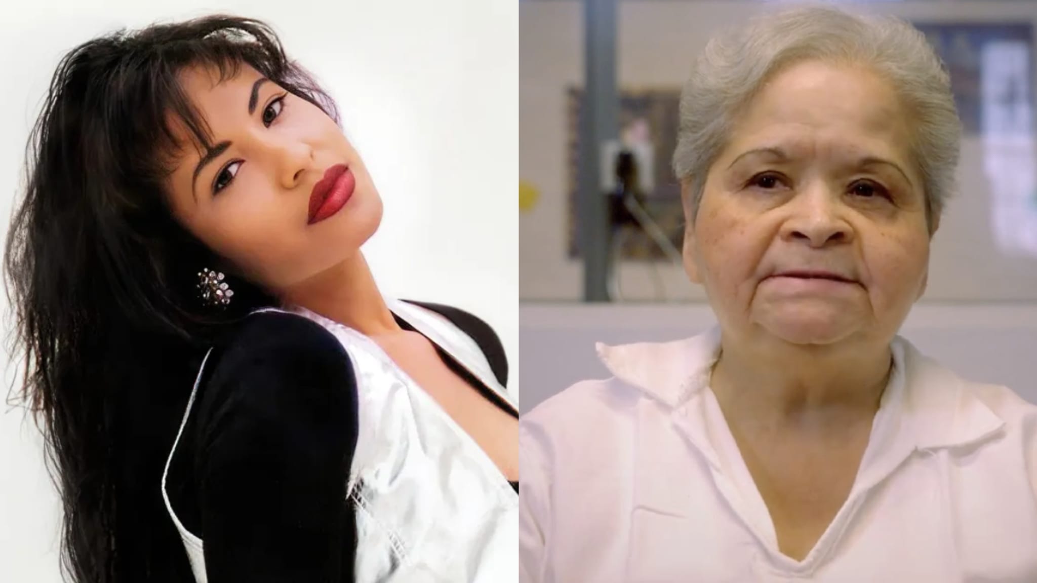 A split image of Selena Quintanilla with long dark hair and red lipstick, and her convicted killer, Yolanda Salidvar, with short gray hair in a white shirt.