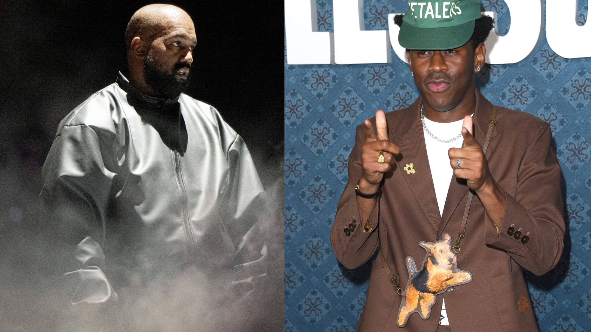 Kanye West in a metallic jacket on stage, and Tyler, the Creator in a brown suit and green cap, posing with finger guns.