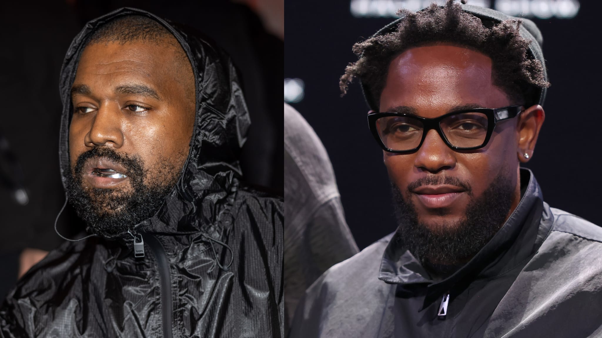 Kanye West in a black jacket and Kendrick Lamar wearing glasses and a dark jacket, both in close-up shots.