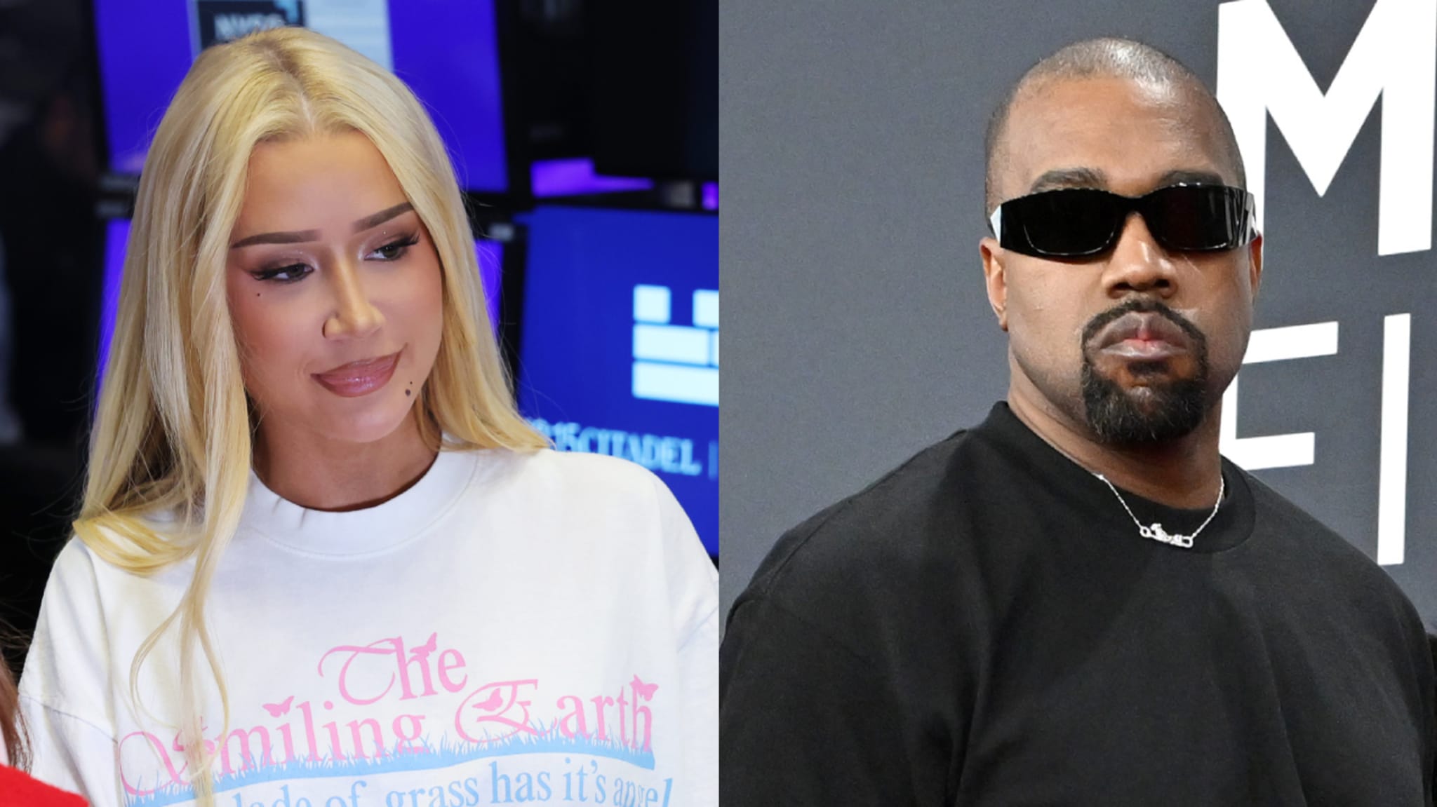 Iggy Azalea with long blonde hair and Kanye West wearing sunglasses, side by side.
