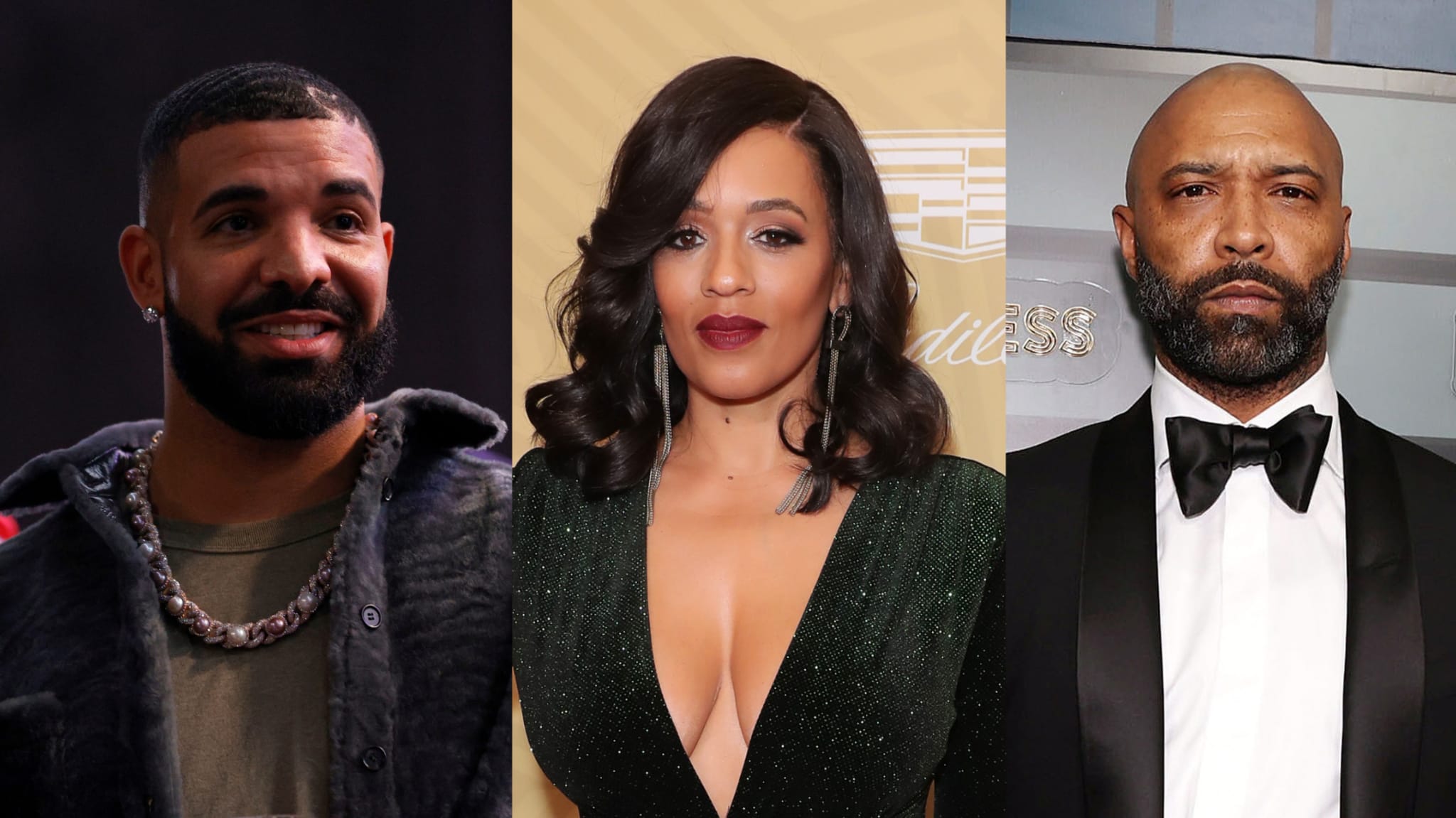 Drake smiling in a casual outfit, a woman in a glamorous dress, and Joe Budden in a tuxedo.