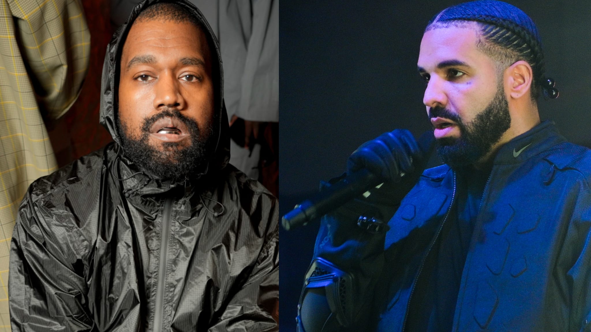 Kanye West in a black jacket on the left, and Drake performing in a dark outfit on the right.