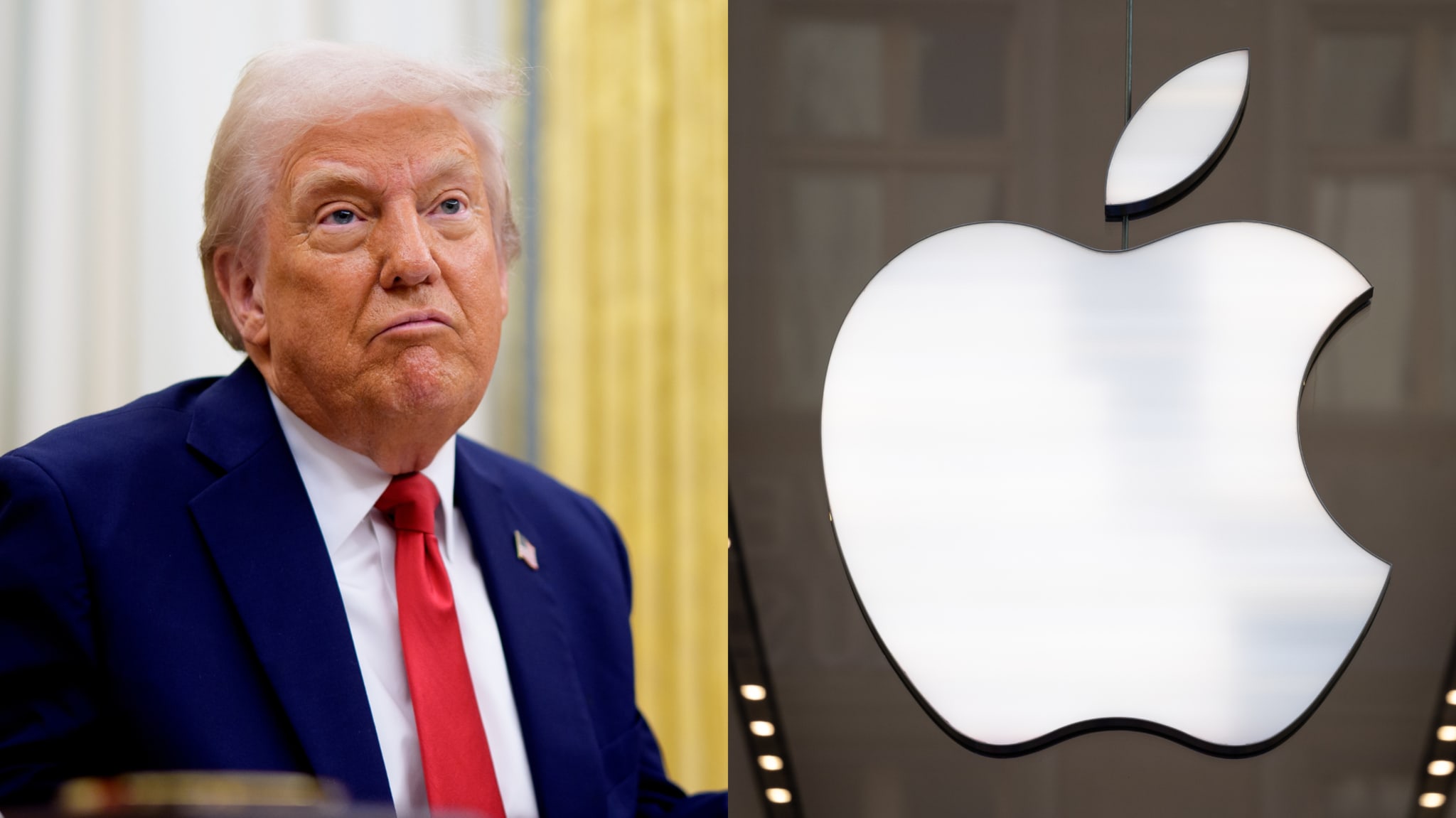 Former President Donald Trump with a pensive expression on the left; Apple logo on the right.