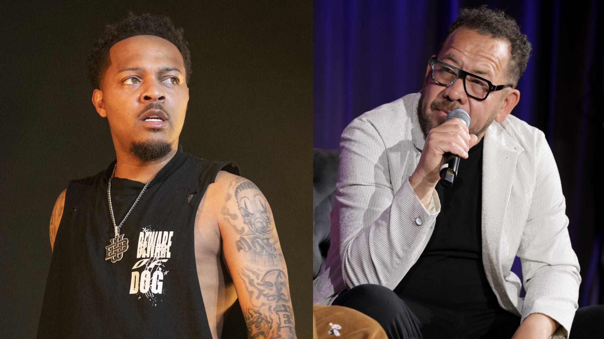 Rapper Bow Wow performs onstage during "The Millennium Tour" at State Farm Arena on April 4, 2025 in Atlanta, Georgia/Elliott Wilson speaks onstage at GRAMMY Week Label Spotlight Panel at GRAMMY Museum L.A. Live on January 30, 2024 in Los Angeles, California.