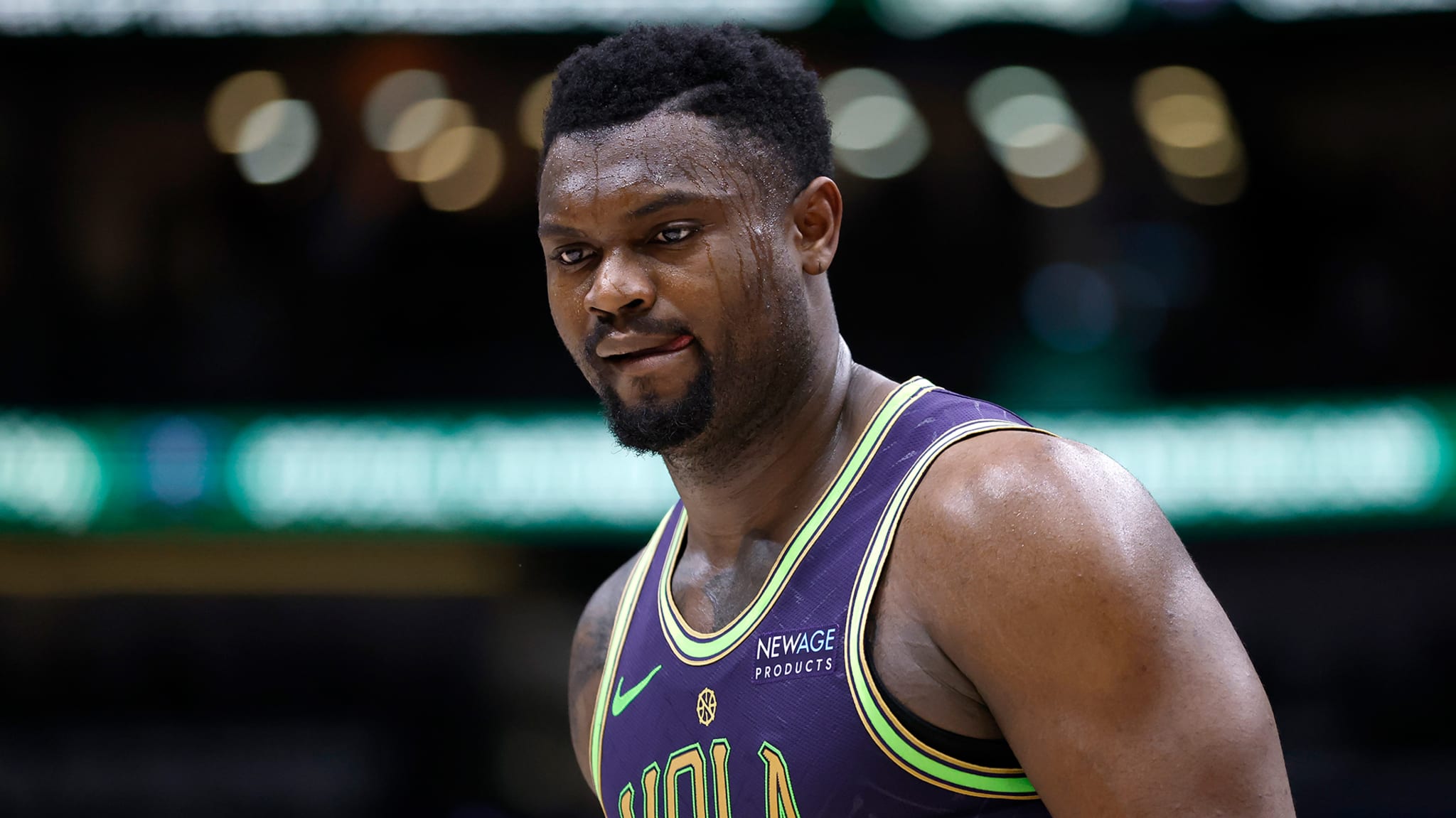 Zion Williamson #1 of the New Orleans Pelicans reacts to a play during a game against the Detroit Pistons at Smoothie King Center in New Orleans, Louisiana. 