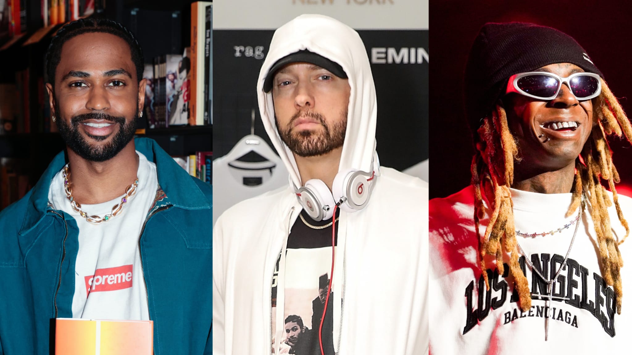 Big Sean, Eminem, and Lil Wayne are featured. Big Sean smiles in a blue jacket, Eminem wears headphones and a hoodie, and Lil Wayne sports sunglasses and a beanie.