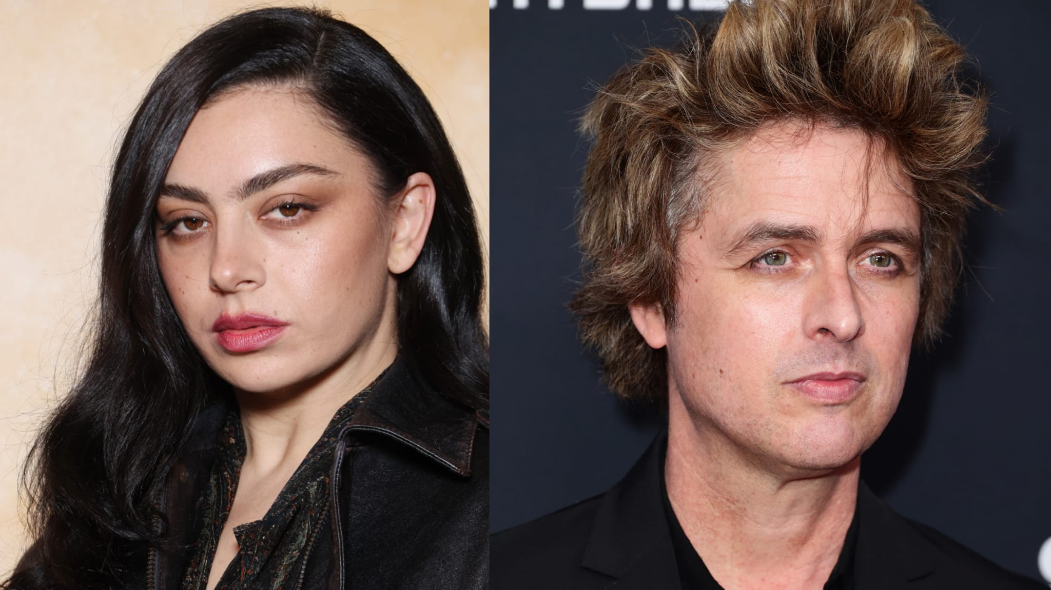 Charli XCX with long dark hair and Billie Joe Armstrong with spiky hair, both looking towards the camera.
