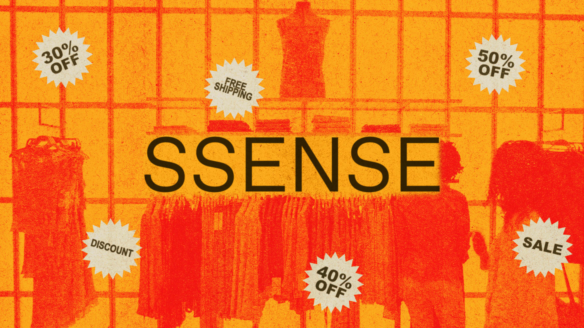 Promotional image for SSENSE with discount offers like 30% off, 50% off, and free shipping against a clothing store backdrop.