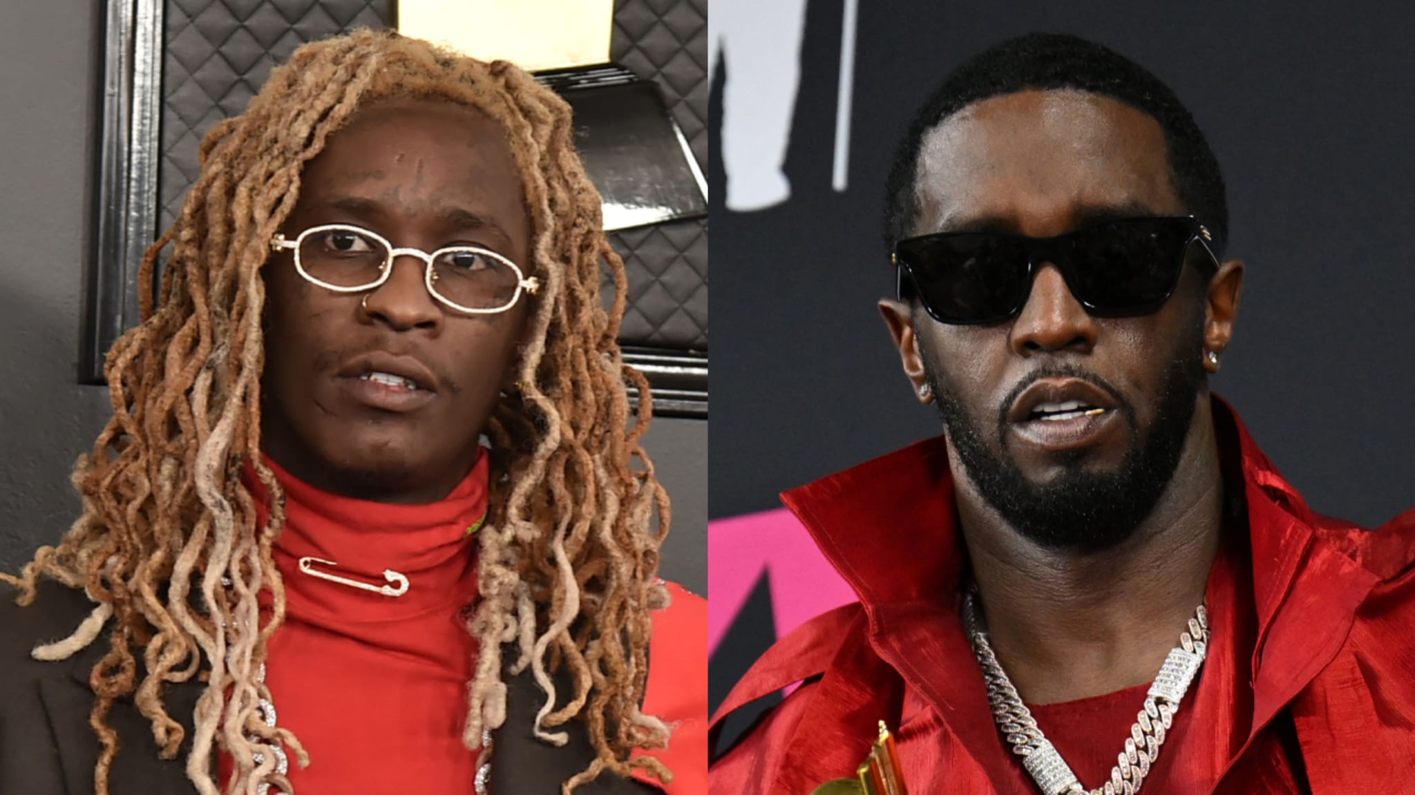 Split image: Young Thug with blond dreads and glasses, next to Diddy in sunglasses and a red jacket.