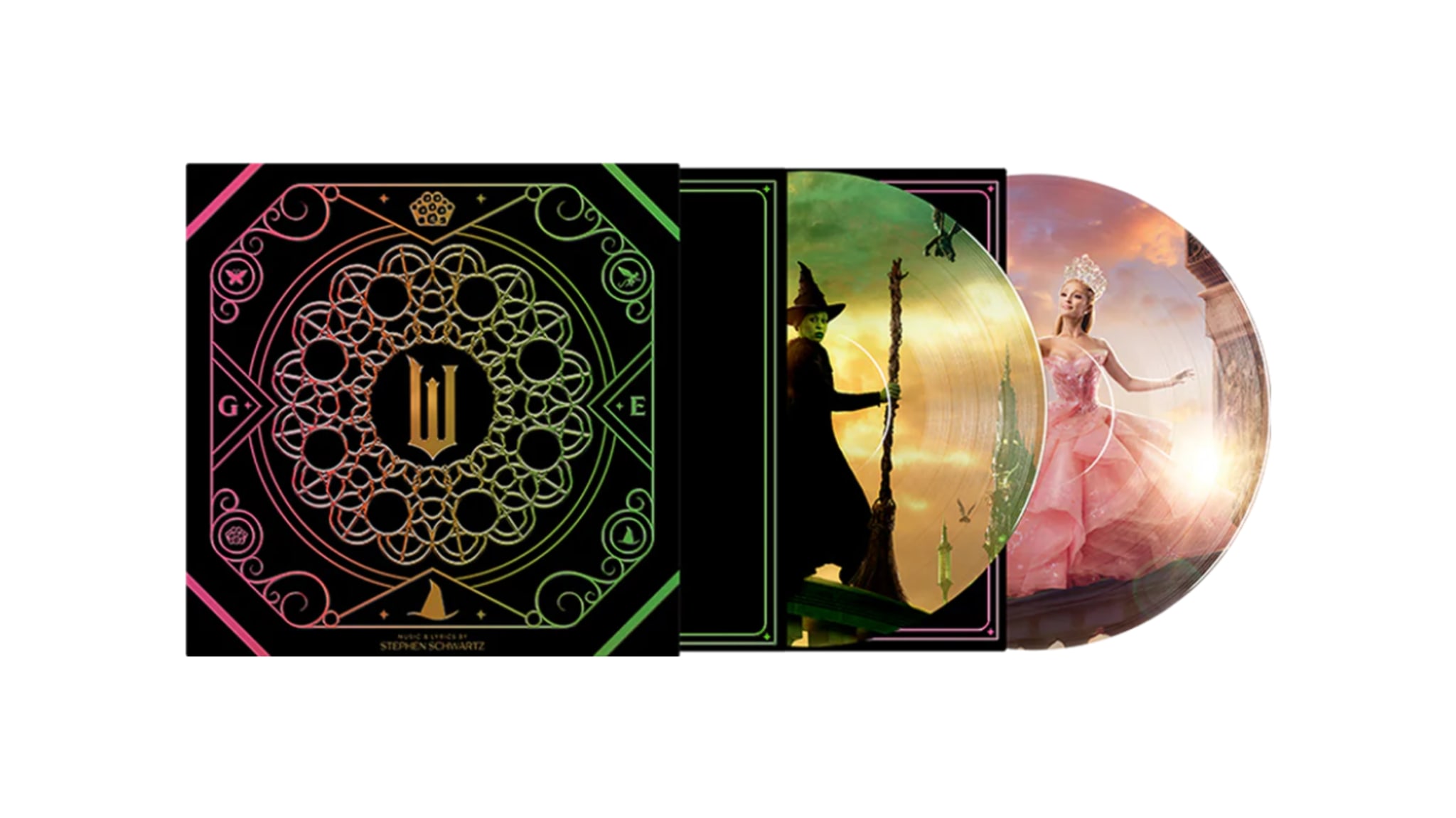Cover art for the musical "Wicked" with two vinyl records featuring the Wicked Witch and Glinda in colorful designs.