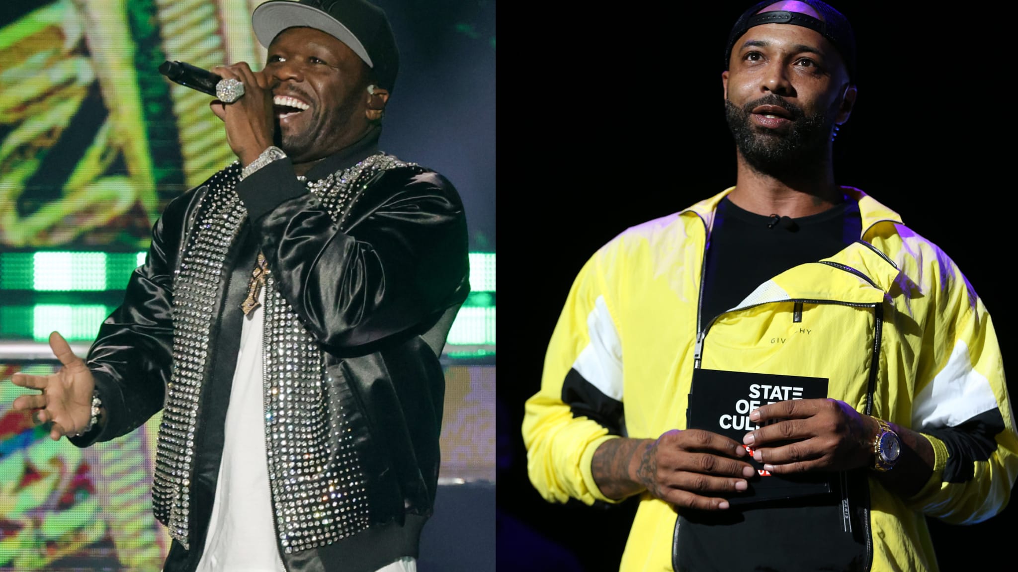 50 Cent performing in a studded jacket, holding a mic. Joe Budden in a yellow jacket, holding a notebook on stage.