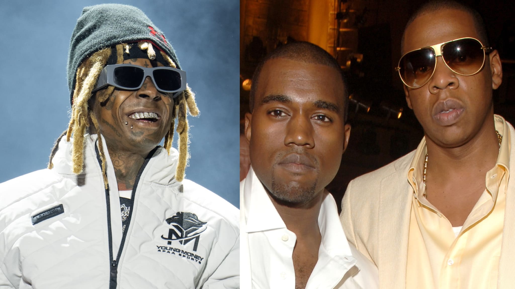 Lil Wayne performing in a jacket and sunglasses; Kanye West and Jay-Z posing together, both wearing stylish outfits and sunglasses.