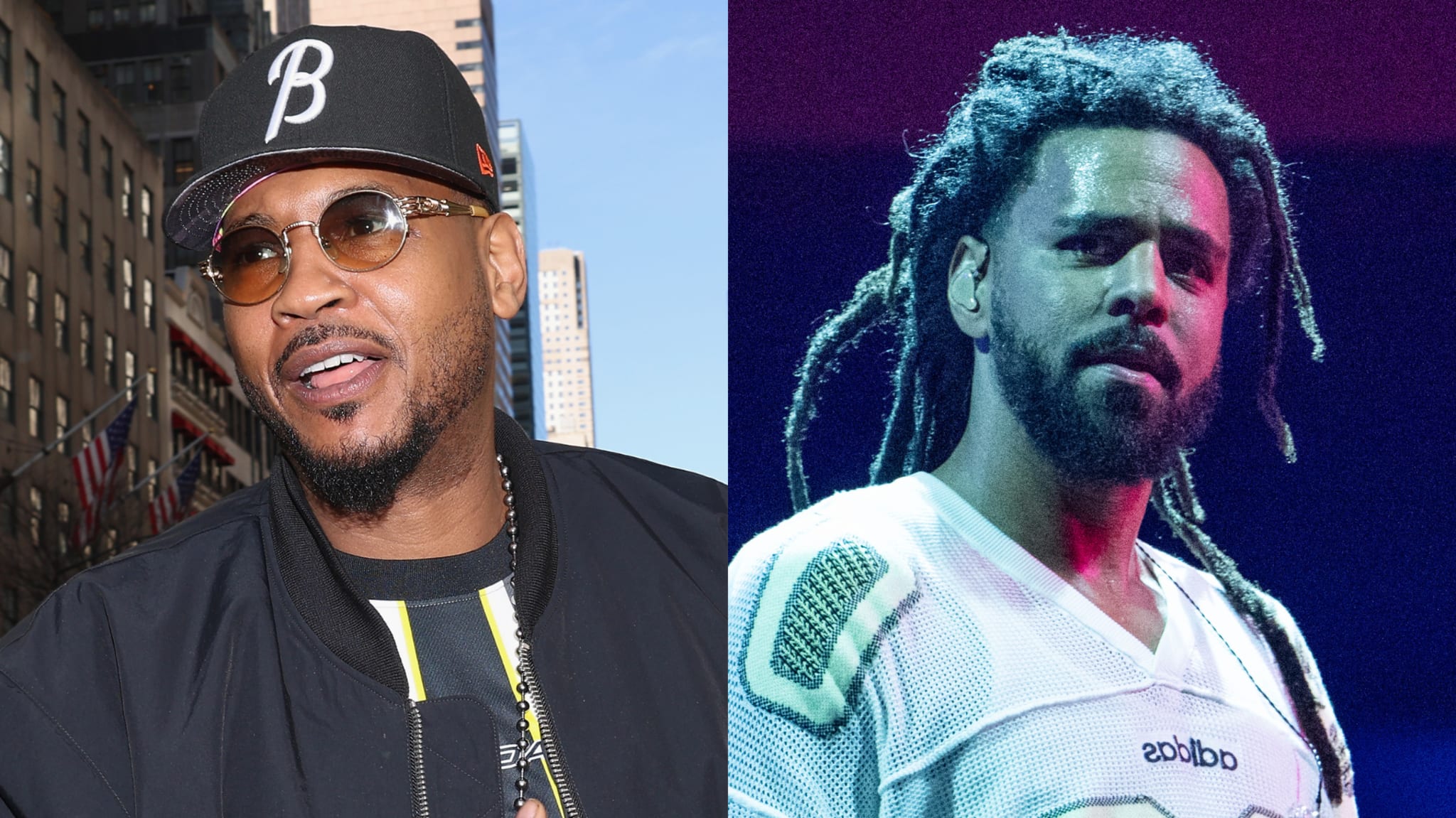 Carmelo Anthony wearing a cap and sunglasses, and J. Cole with dreadlocks in a performance jersey.