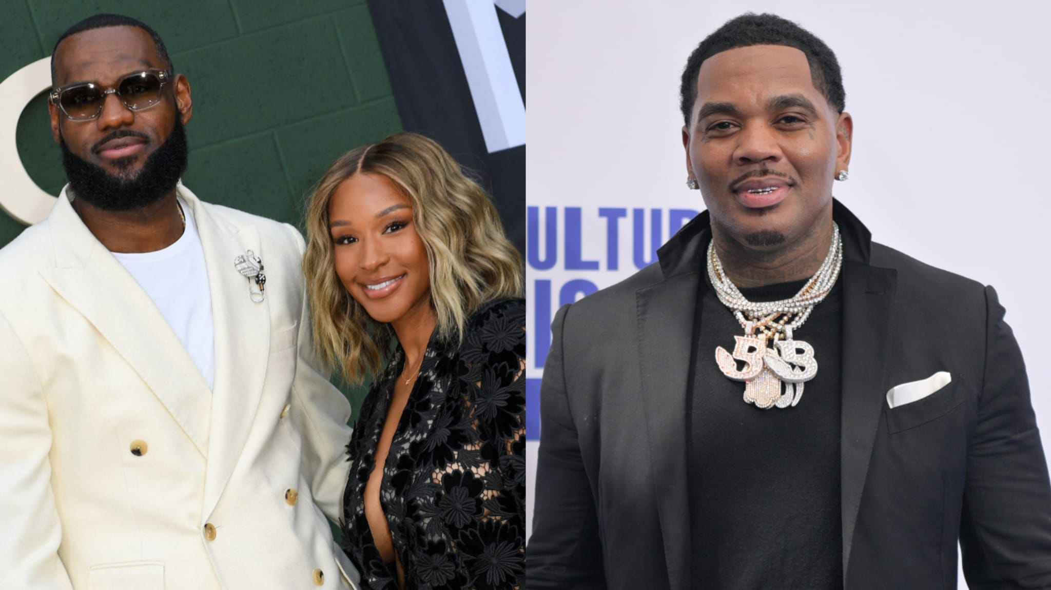 LeBron James in a white suit with his wife Savannah in black, and Kevin Gates in a black suit with chains.