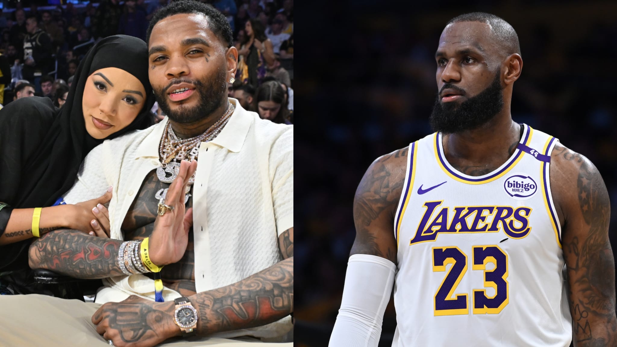 Kevin Gates with a woman in a hijab on the left; LeBron James in a Lakers jersey on the right.