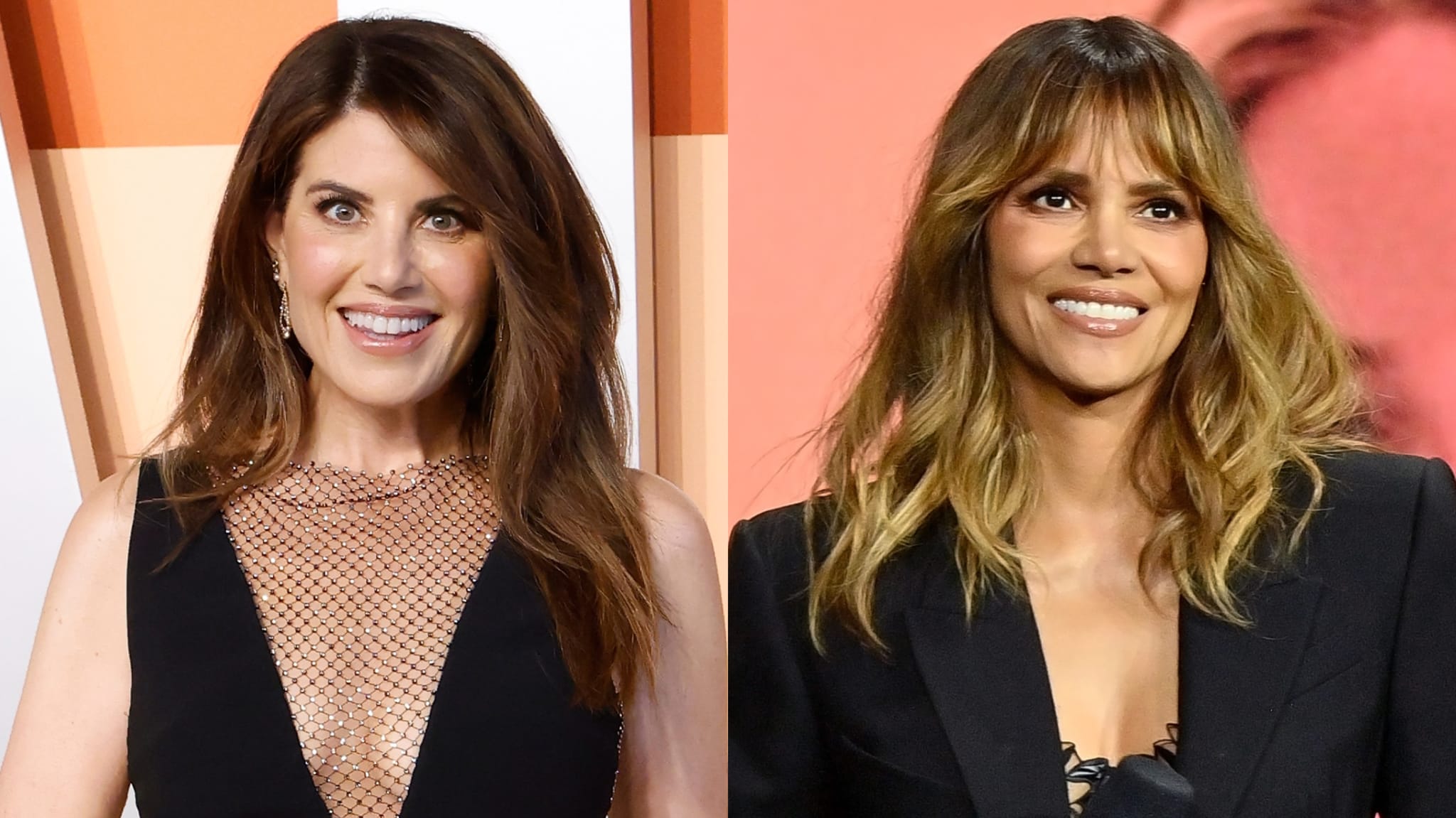 Split image. Left: Monica Lewinsky with long brown hair in a black dress. Right: Halle Berry with wavy hair and bangs in a black blazer.