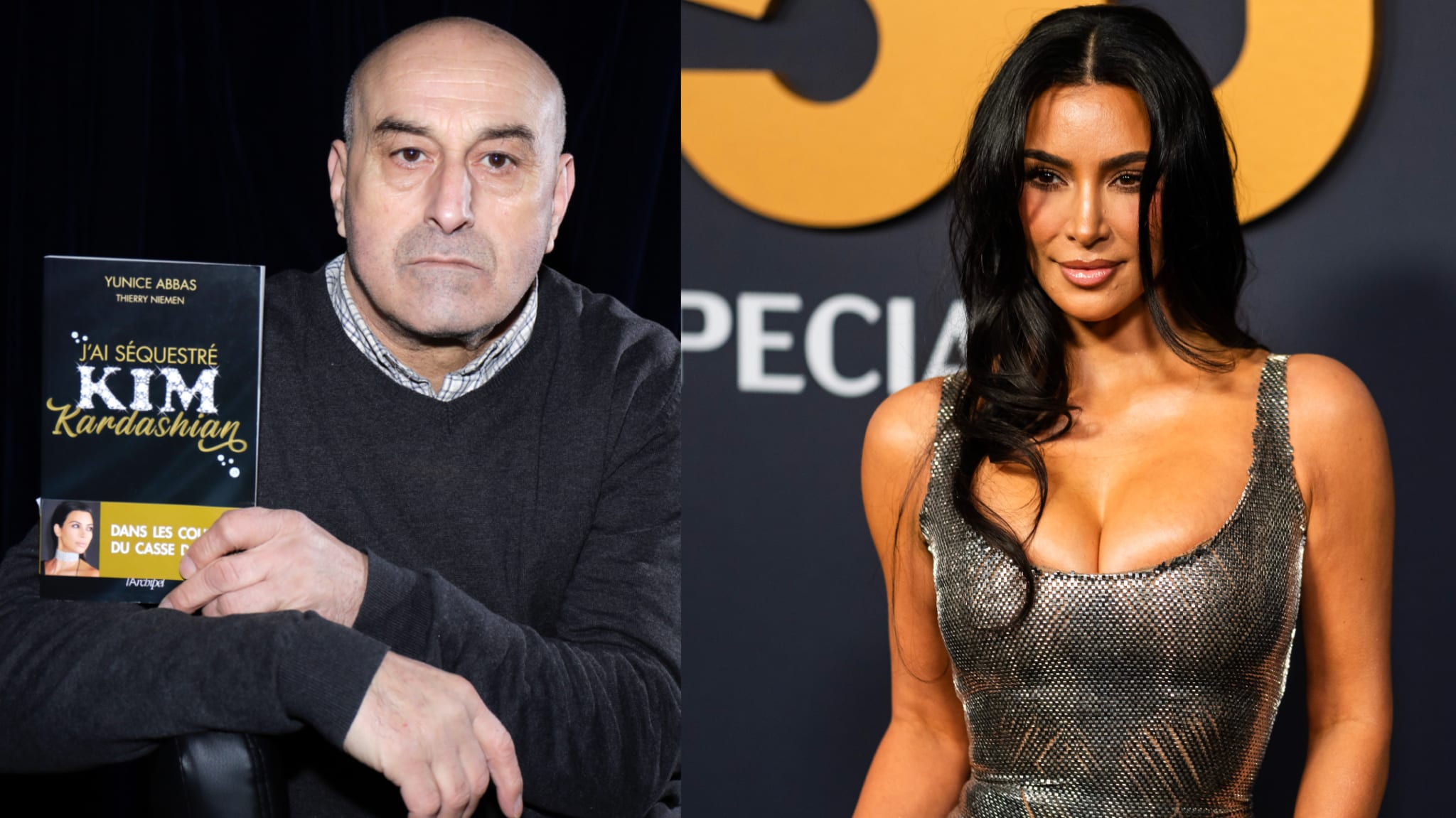 A man holding a book titled 'J'ai Séquestré Kim Kardashian' and Kim Kardashian in a metallic dress at an event.