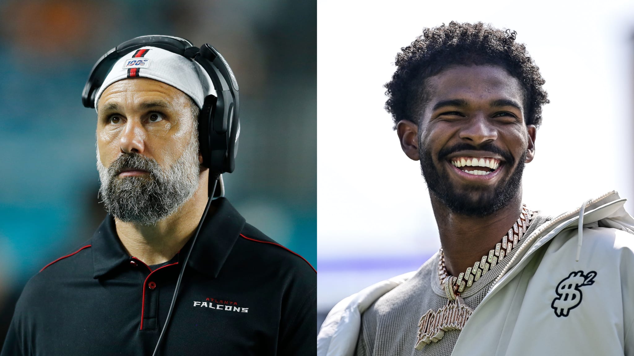 A man in Atlanta Falcons gear with a headset, and another man smiling, wearing jewelry and a white jacket.