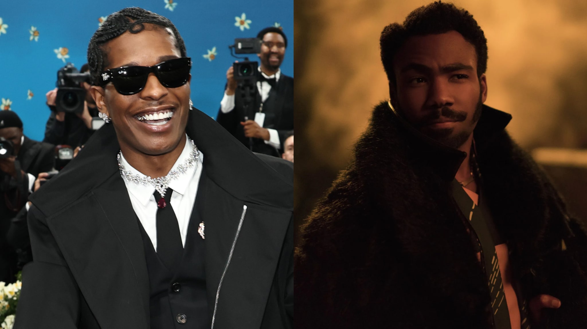A$AP Rocky smiling in sunglasses and a suit at an event; Donald Glover in a fur coat in a dimly lit setting.