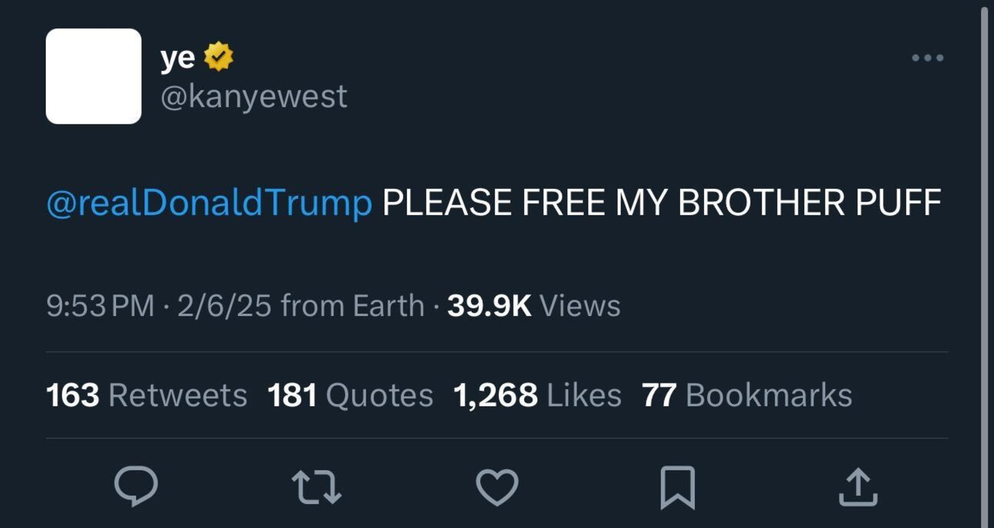 Un tweet de Kanye West (@kanyewest) demandant à Donald Trump de « libérer mon frère Puff ». Il montre les statistiques d'engagement.