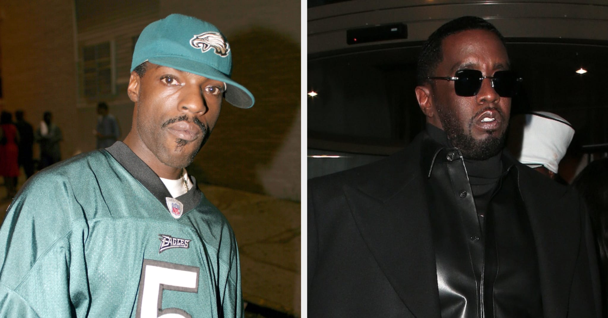 Two men, one wearing a sports jersey and cap, the other in a dark jacket and sunglasses